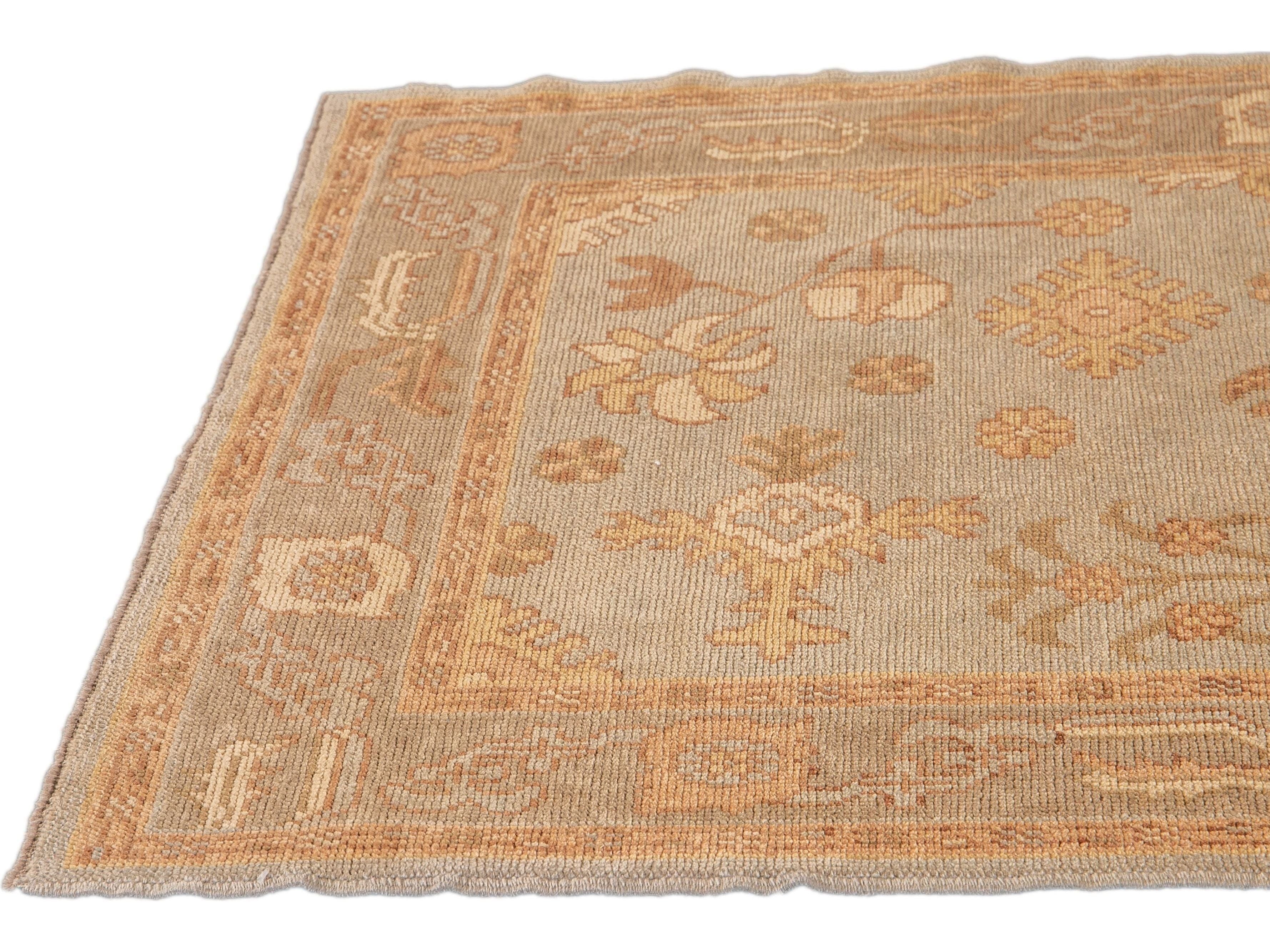 Modern Turkish Oushak Light Blue Handmade Floral Wool Rug