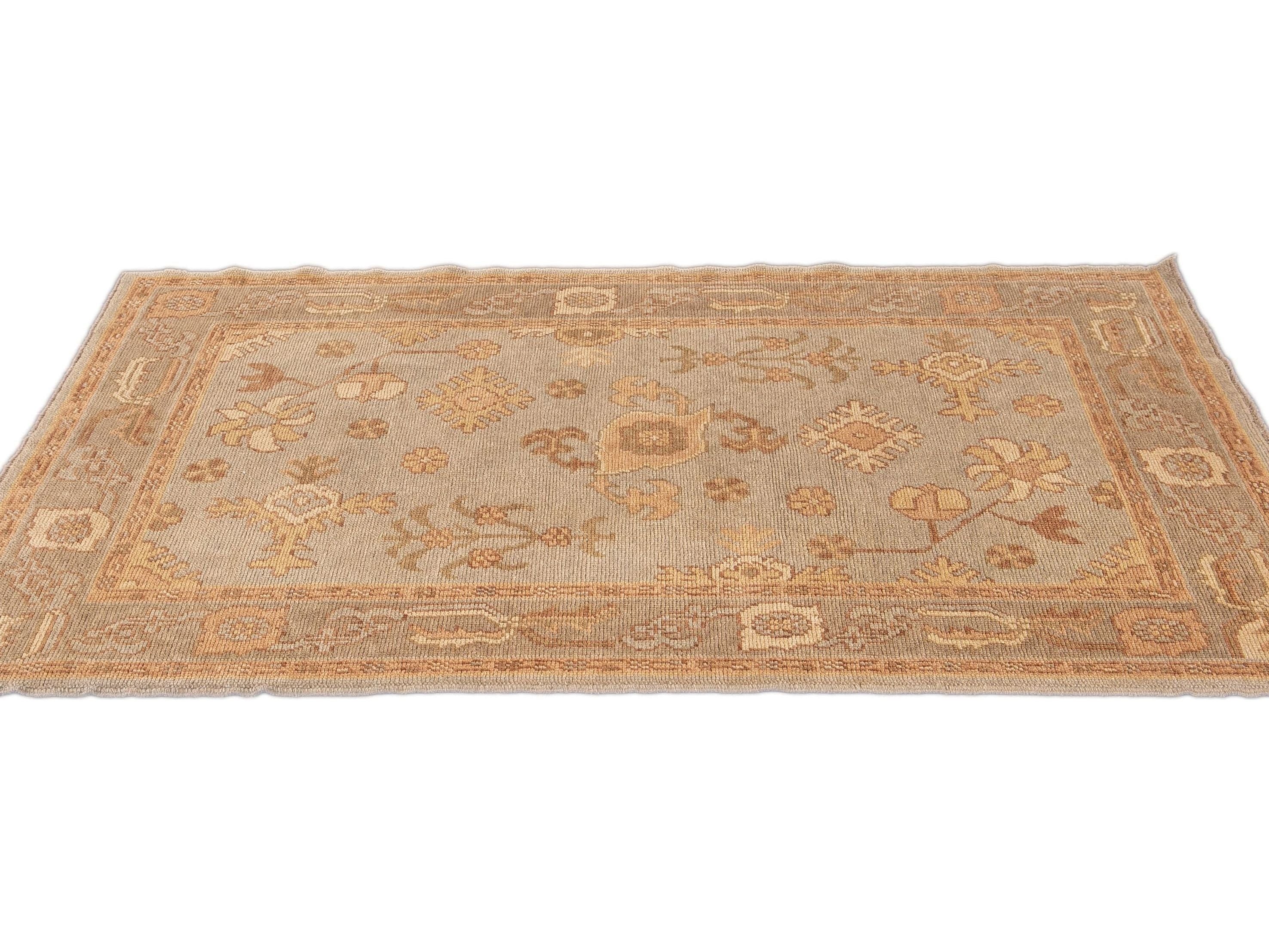 Modern Turkish Oushak Light Blue Handmade Floral Wool Rug