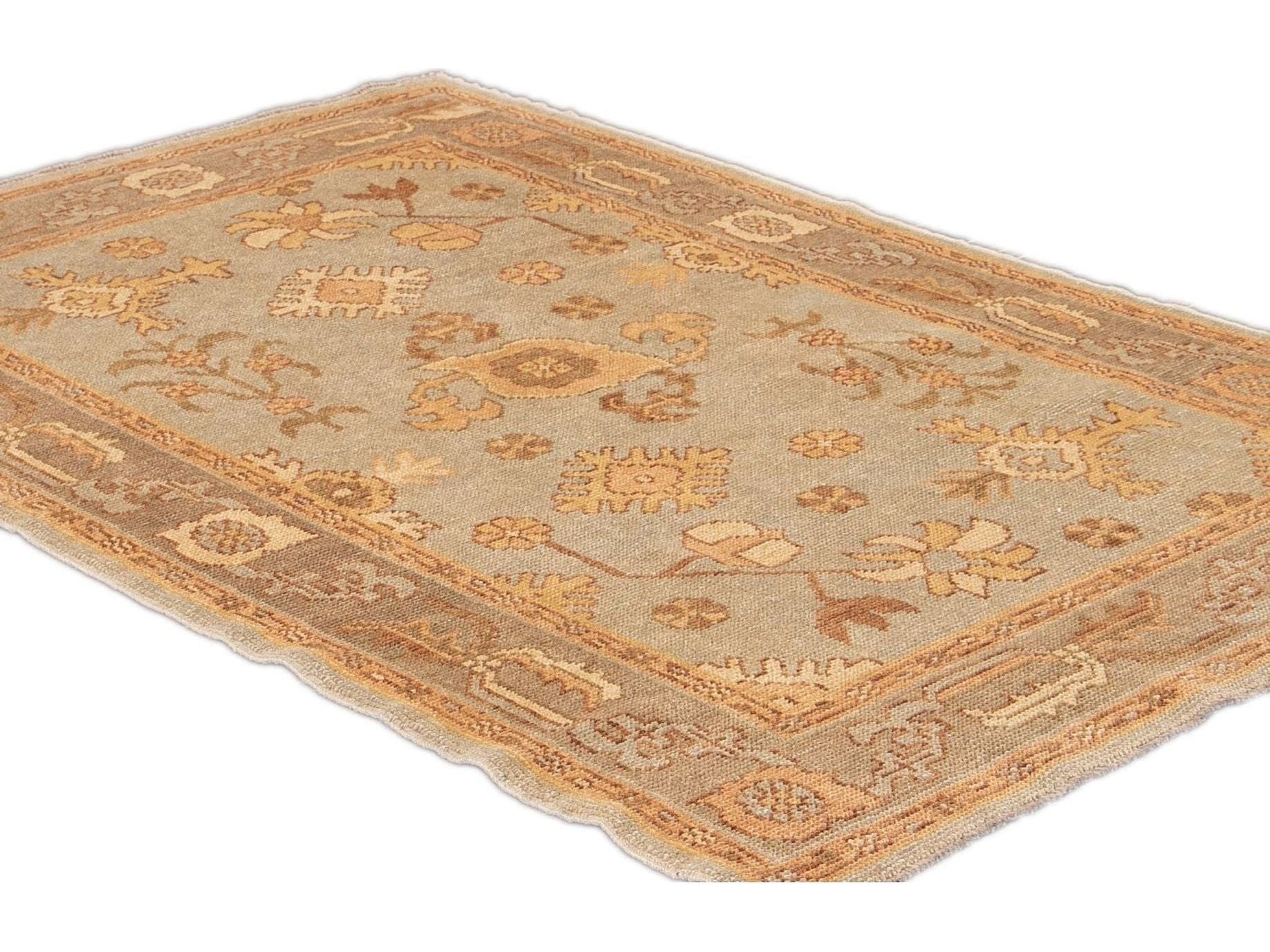 Modern Turkish Oushak Light Blue Handmade Floral Wool Rug