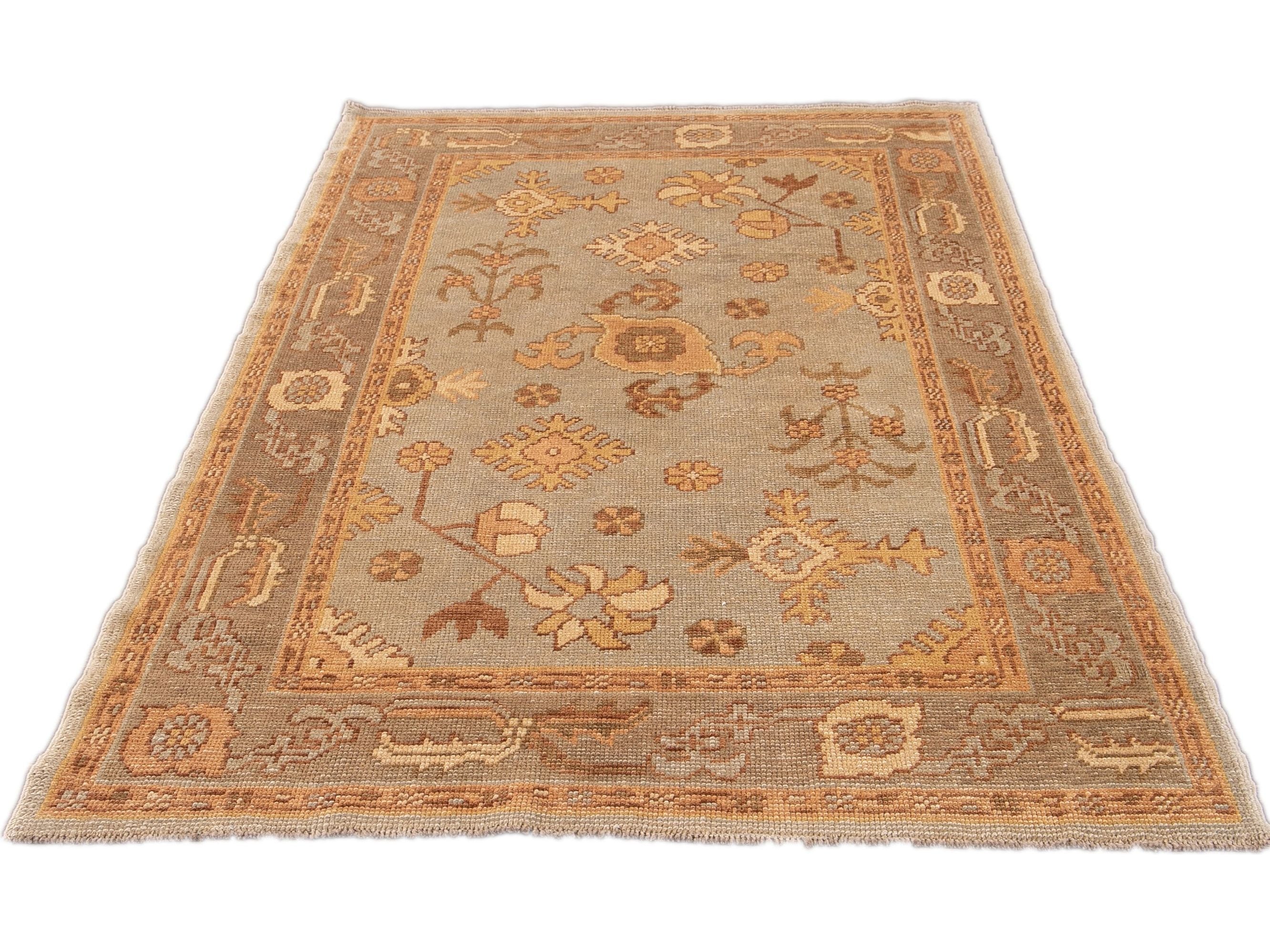 Modern Turkish Oushak Light Blue Handmade Floral Wool Rug