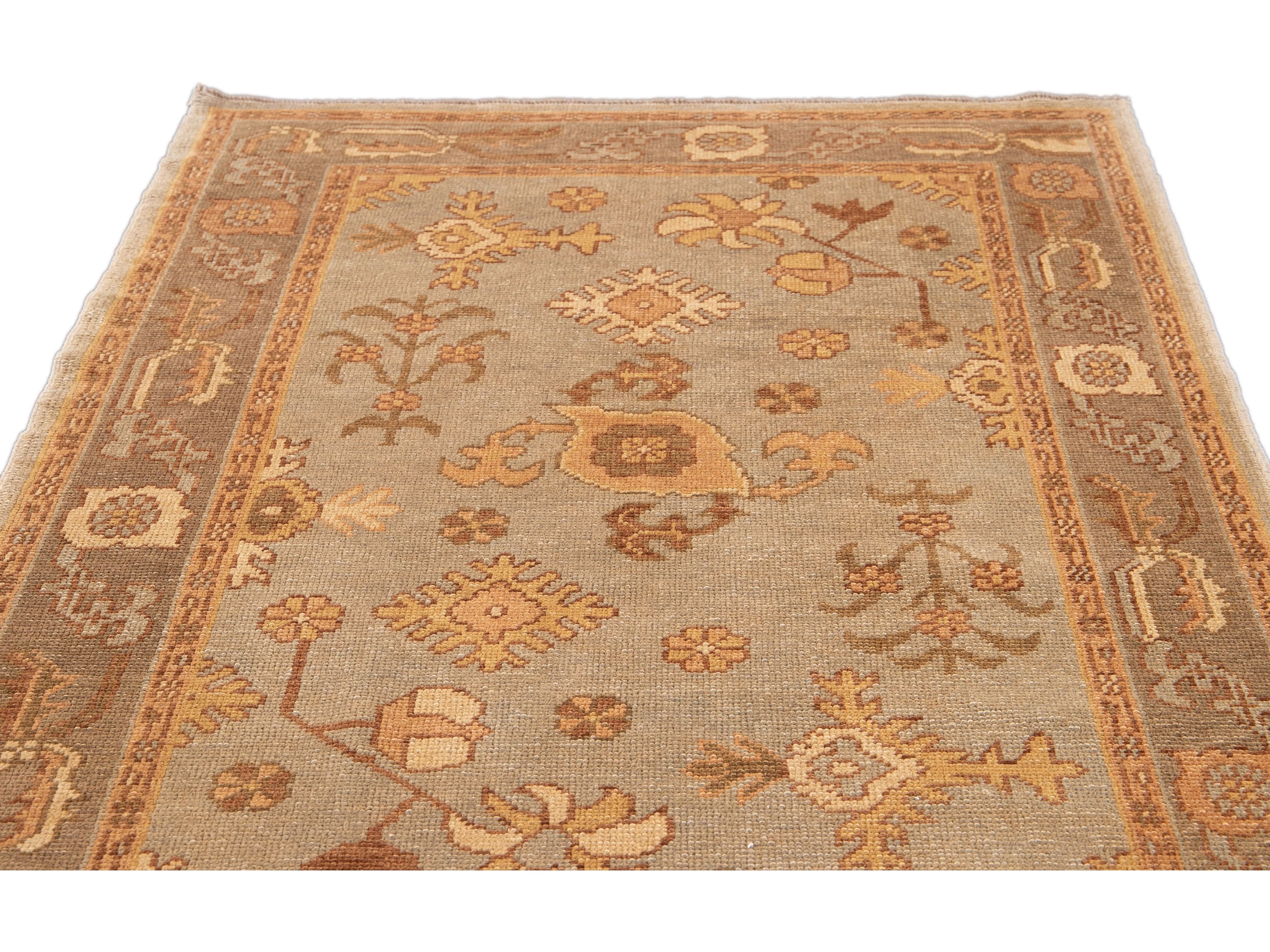 Modern Turkish Oushak Light Blue Handmade Floral Wool Rug