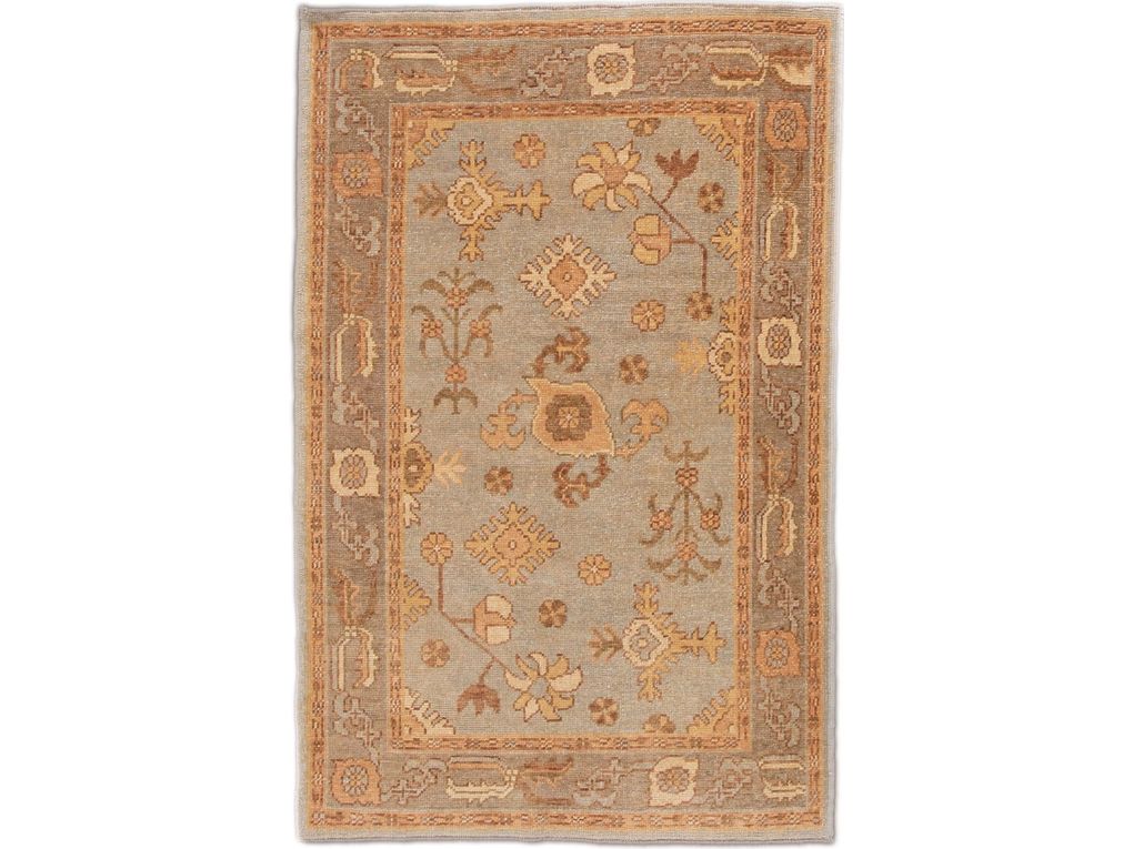Modern Turkish Oushak Light Blue Handmade Floral Wool Rug