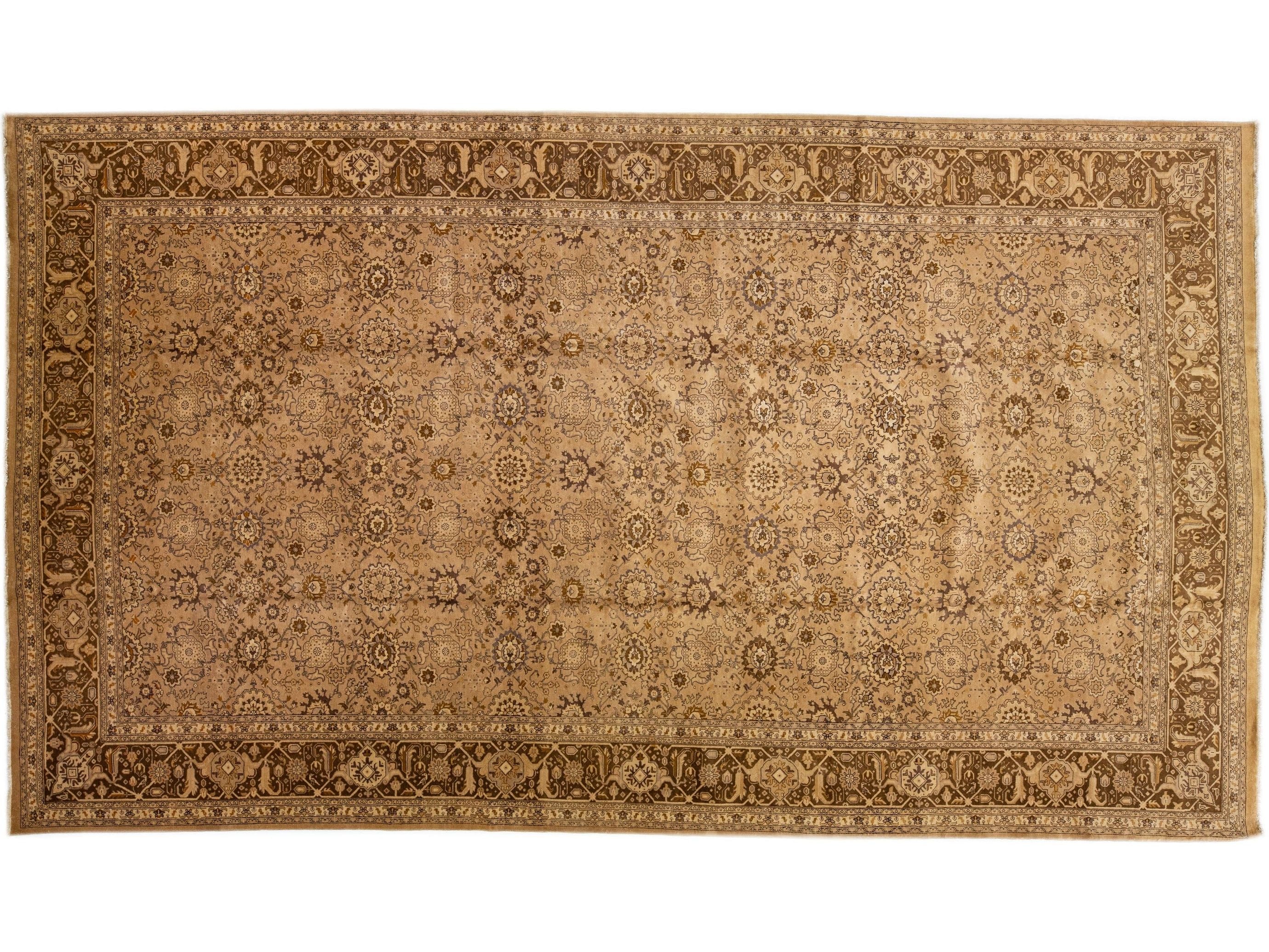 Oversize Antique Tabriz Handmade Allover Designed Brown Persian Wool Rug