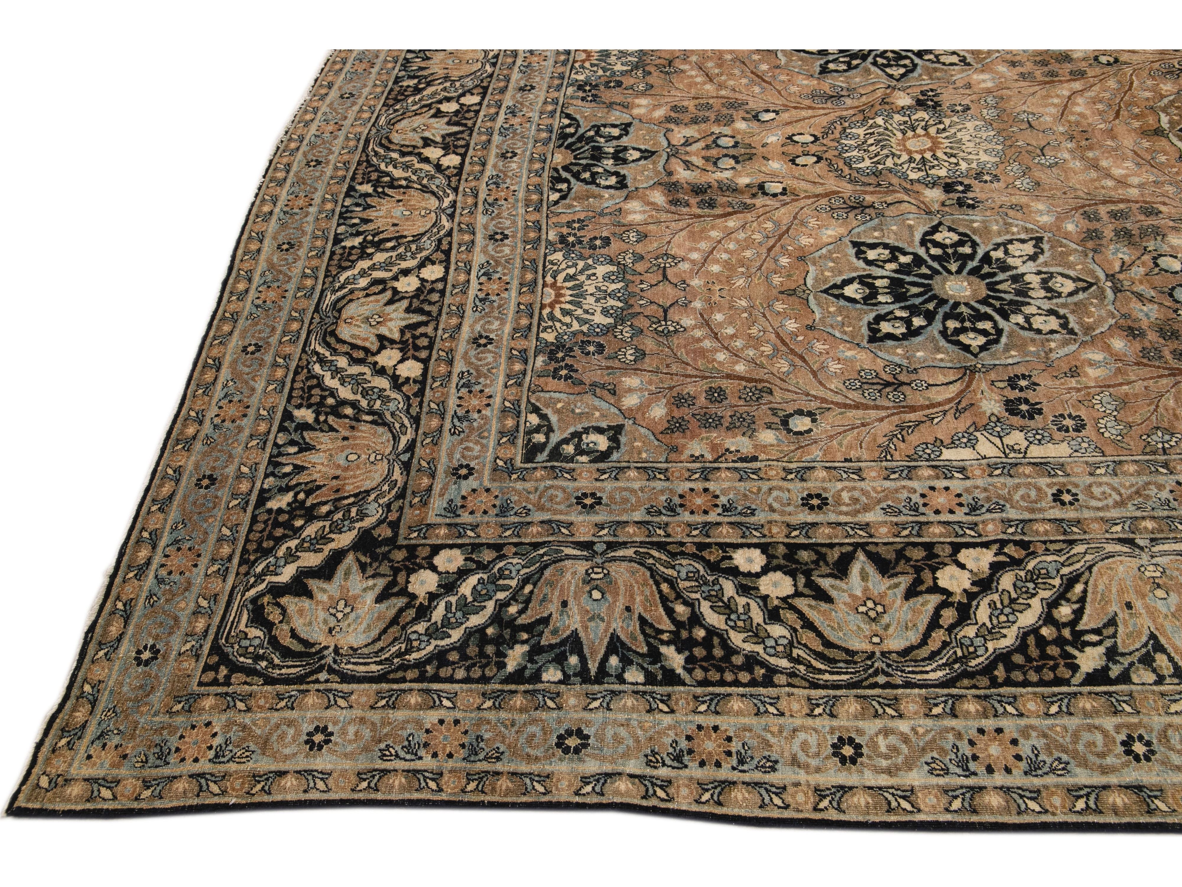 Antique Tabriz Beige And Blue Handmade Floral Pattern Persian Ovesize Wool Rug