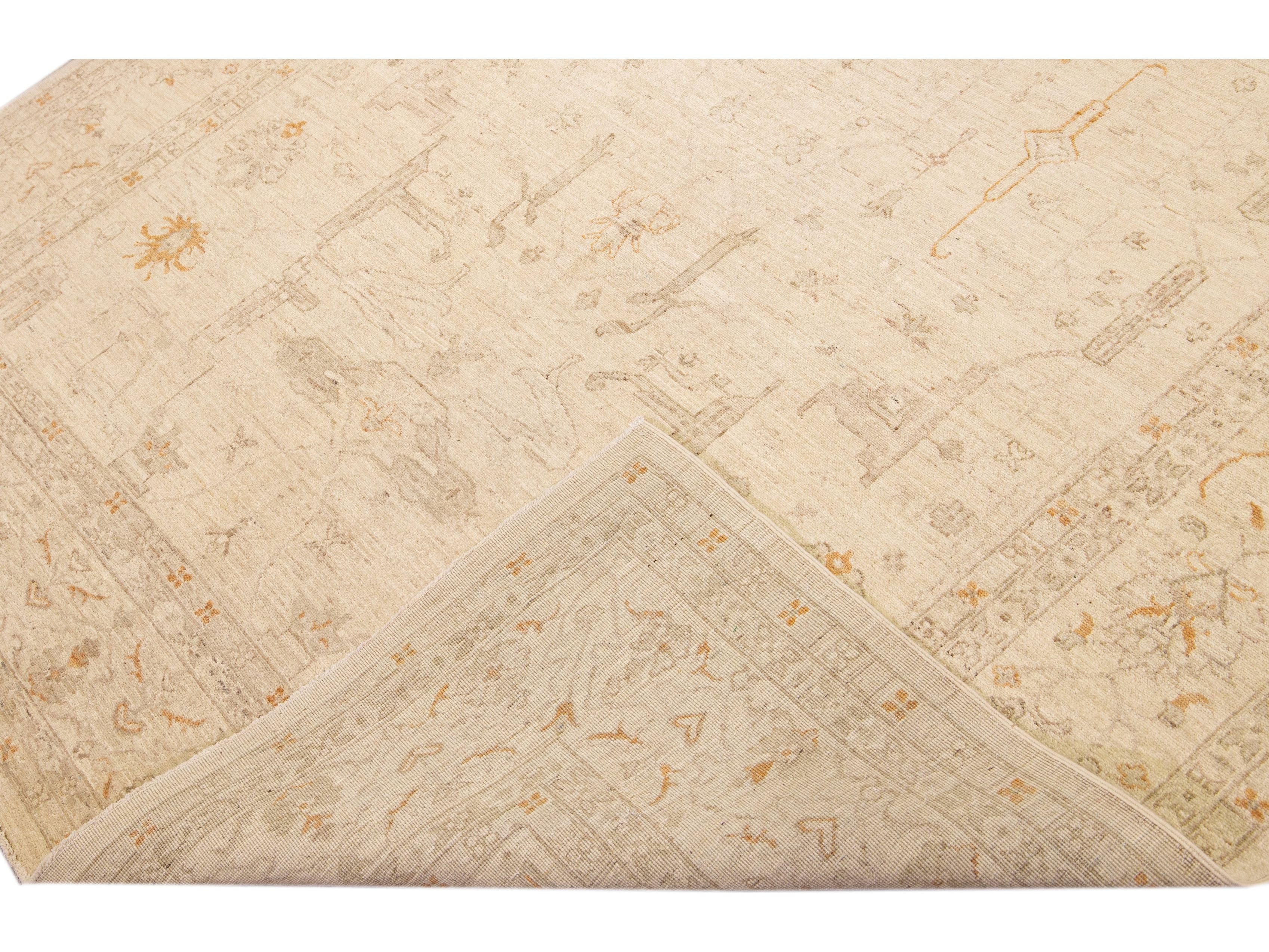Modern Peshawar Beige Handmade Allover Motif Wool Rug