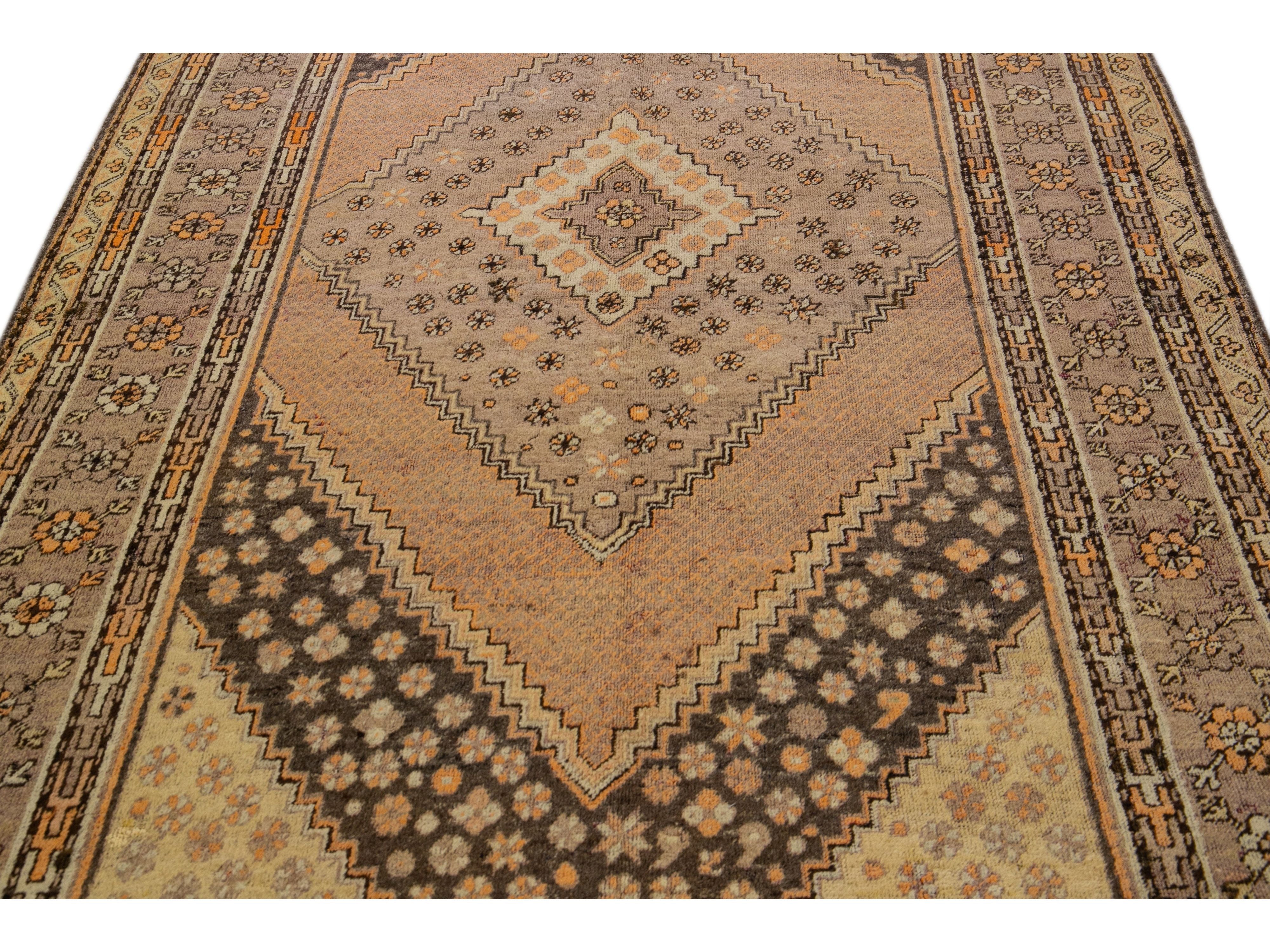 Antique Khotan Handmade Tan Medallion Wool Rug