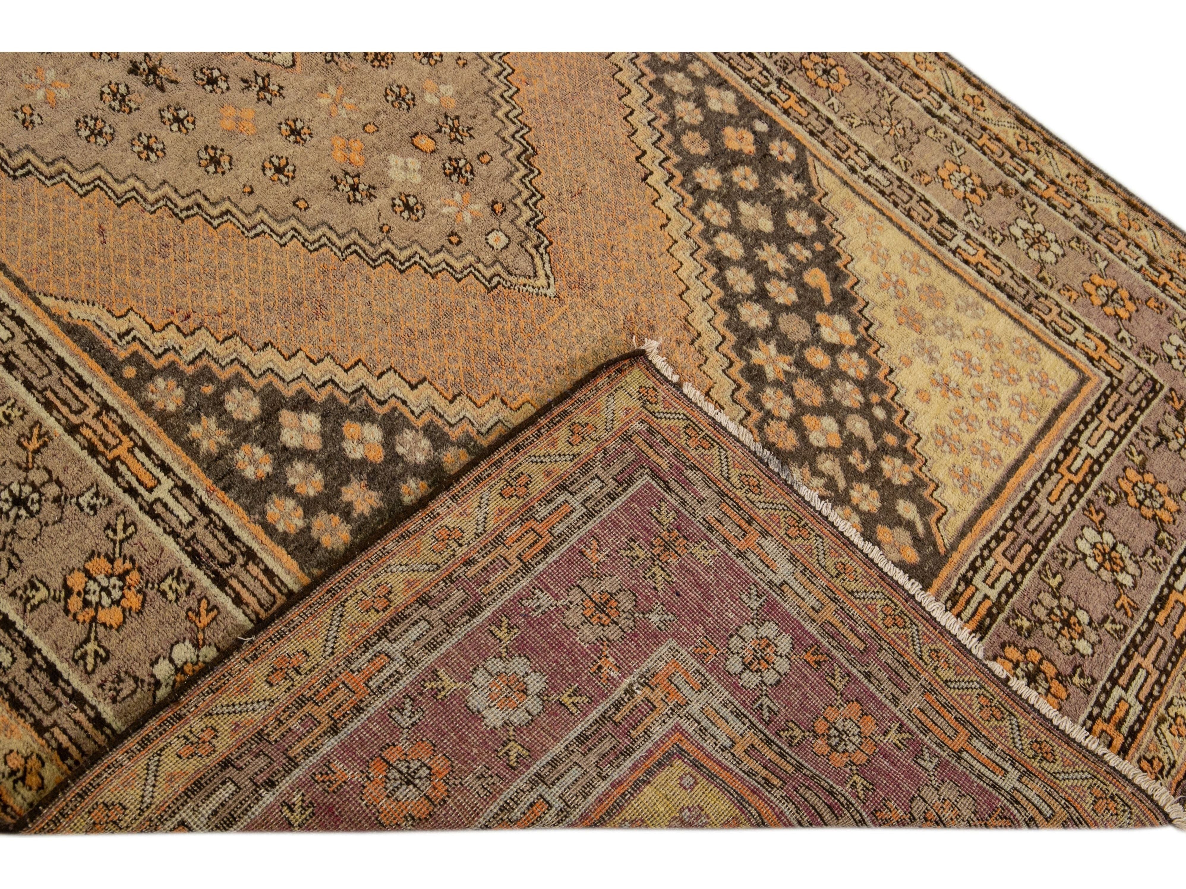 Antique Khotan Handmade Tan Medallion Wool Rug