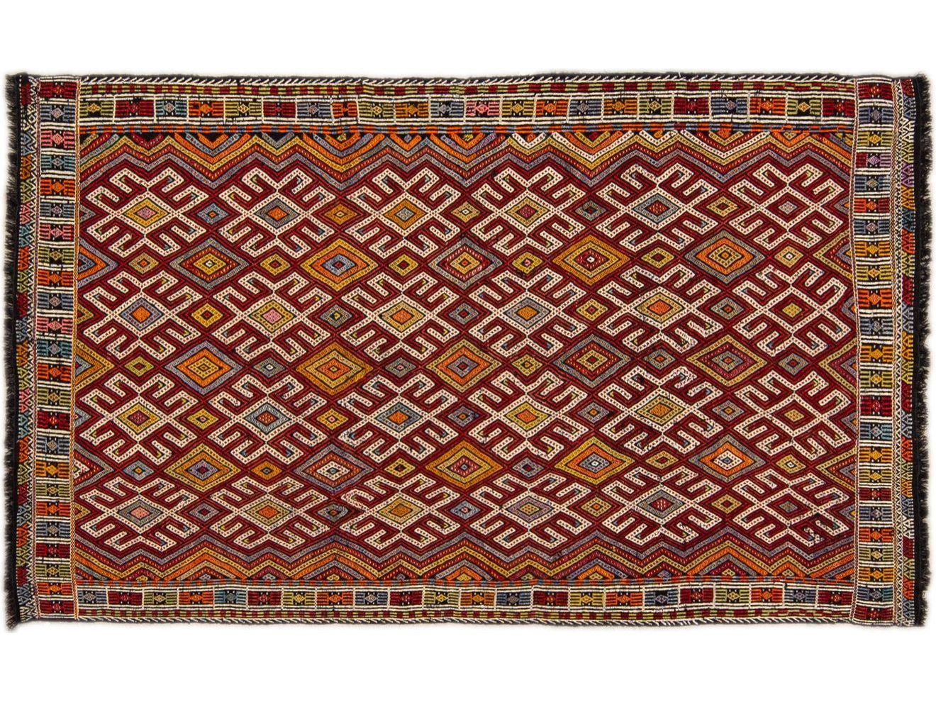 Vintage Soumak Handmade Geometric Designed Multicolor Wool Rug