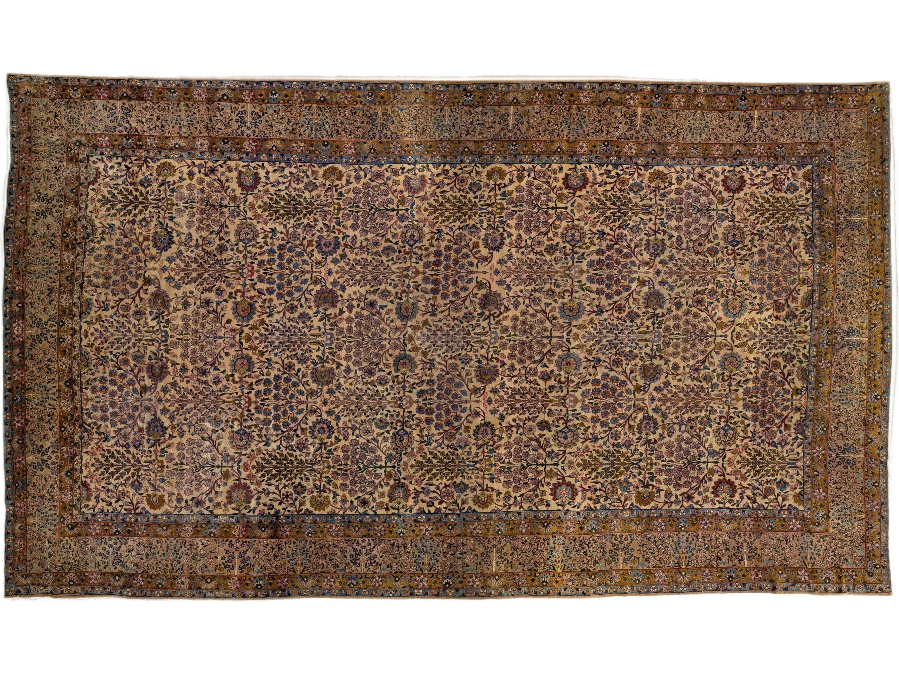 Tan Antique Kerman Handmade Allover Motif Persian Wool Rug