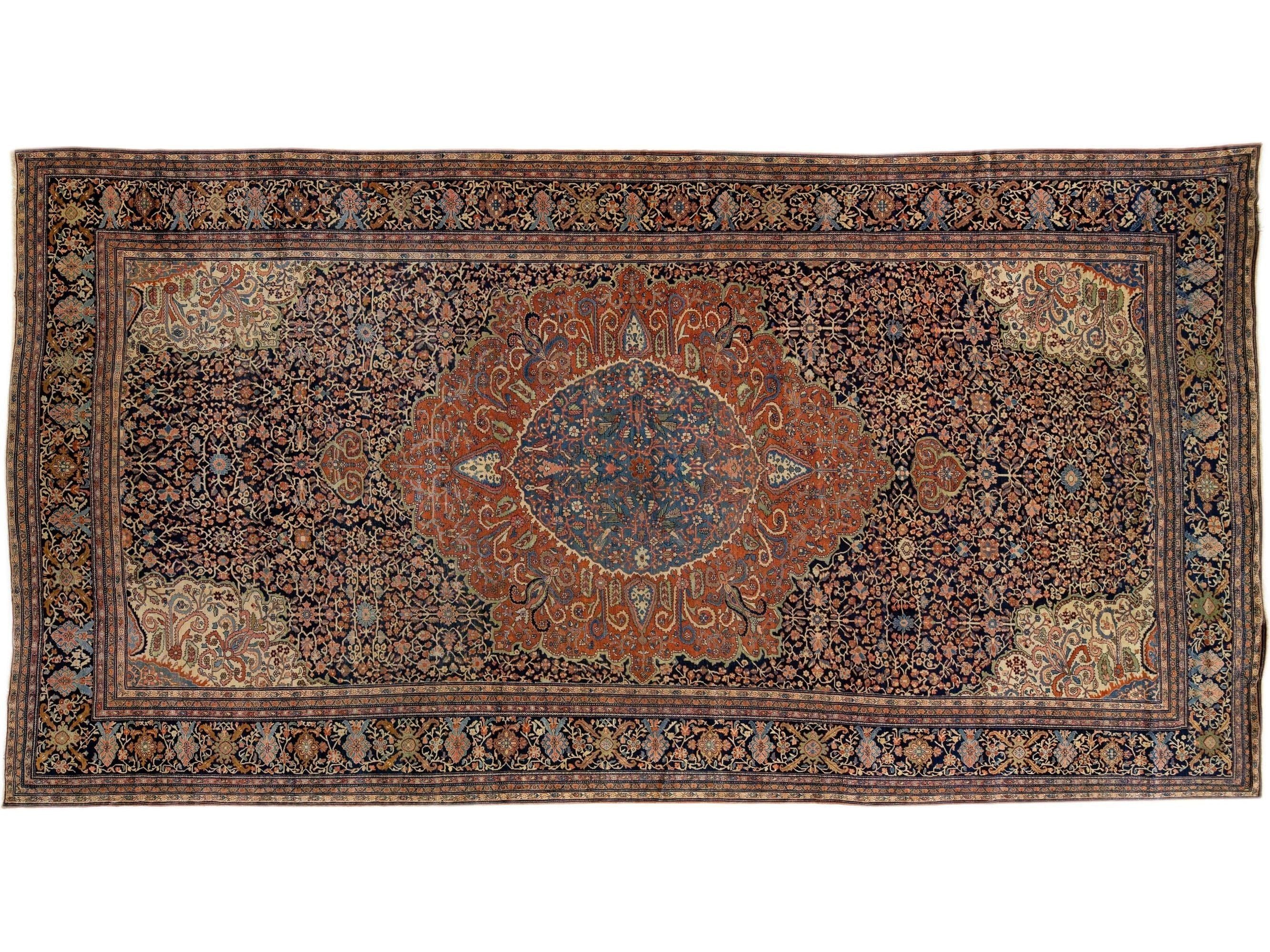 Antique Farahan Handmade Blue & Rust Persian Wool Rug With Rosette Motif