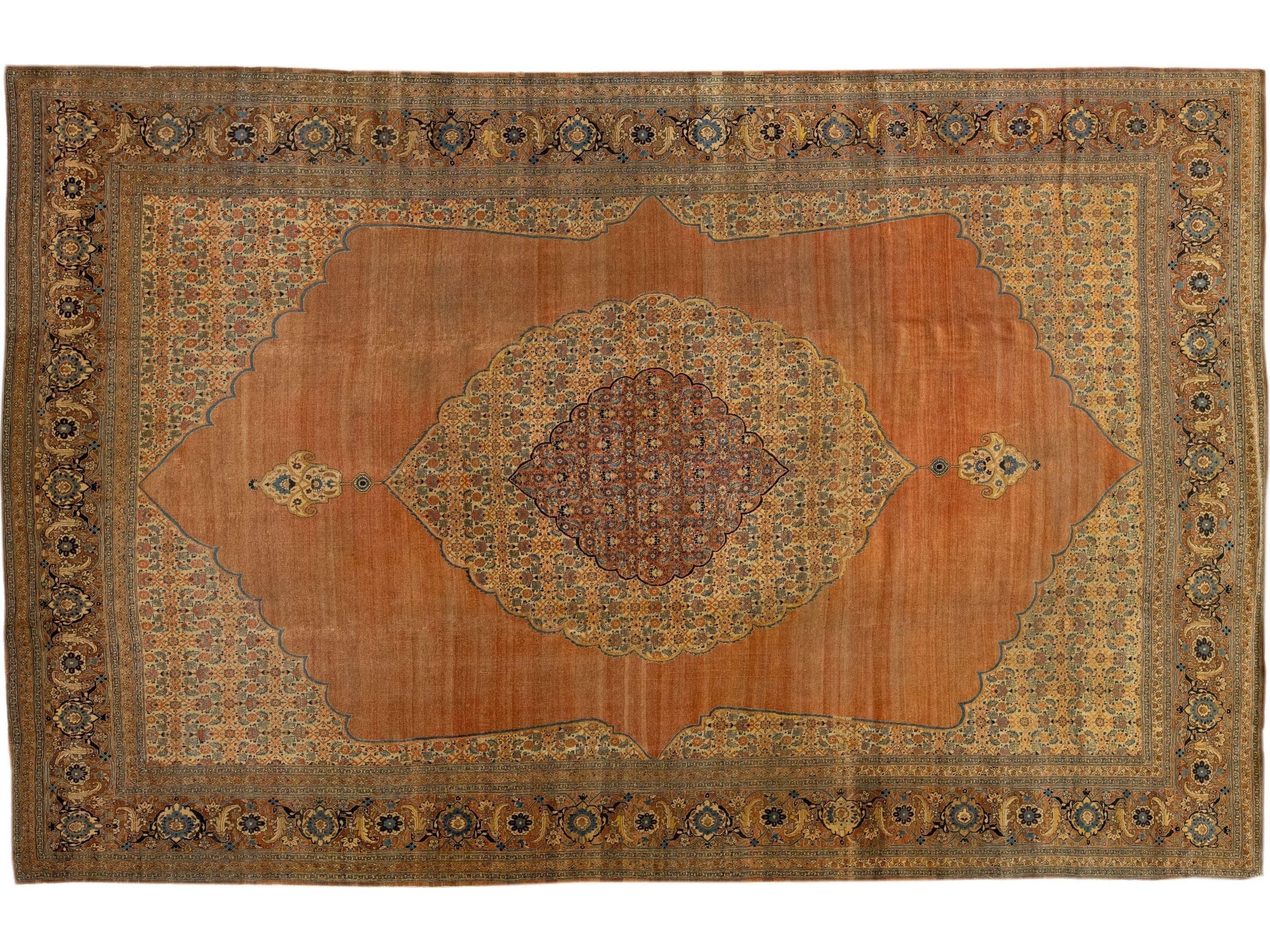 Orange Antique Tabriz Handmade Oversize Persian Wool Rug with Medallion Design