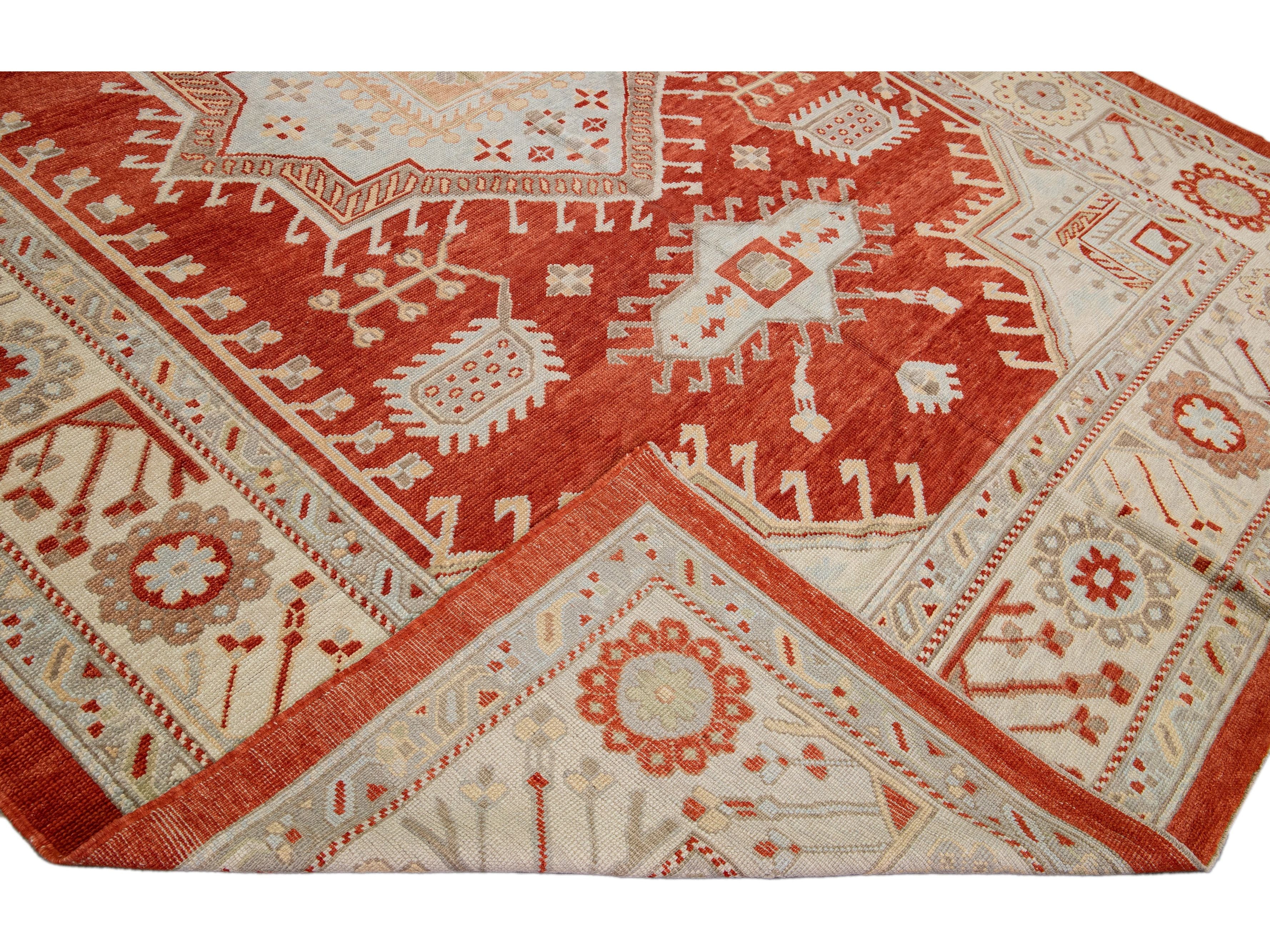 Modern Oushak Handmade Designed Wool Rug With a Terracotta Orange Color