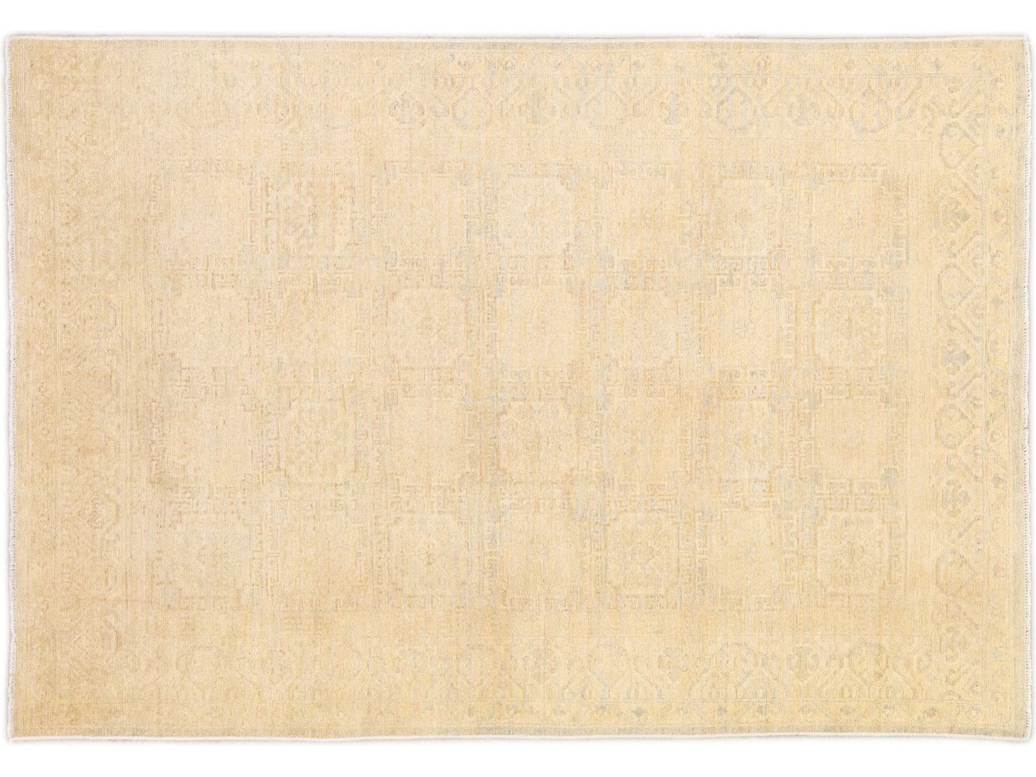 Modern Khotan Style Handmade Allover Designed Beige Wool Rug
