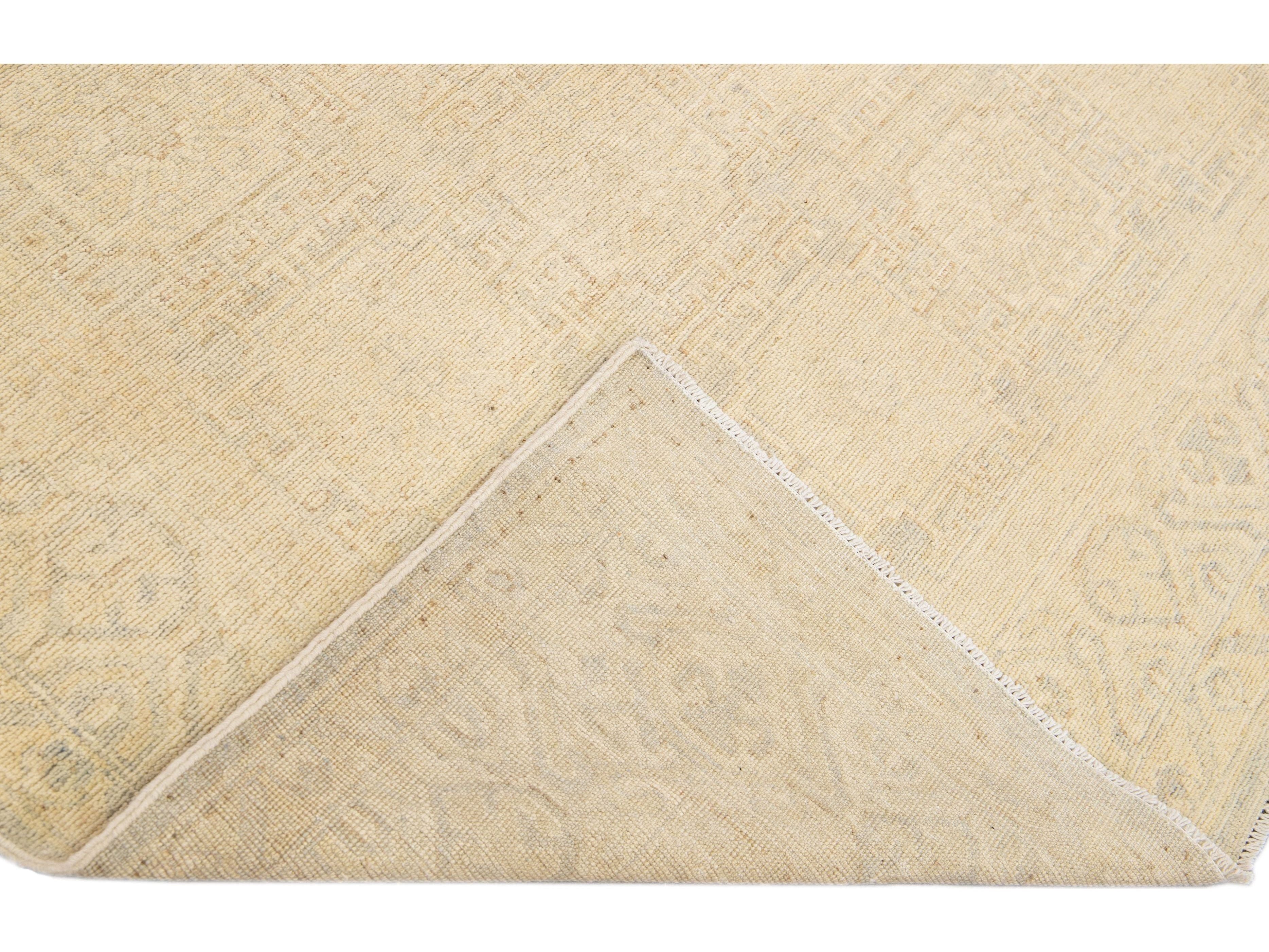 Modern Khotan Style Handmade Allover Designed Beige Wool Rug