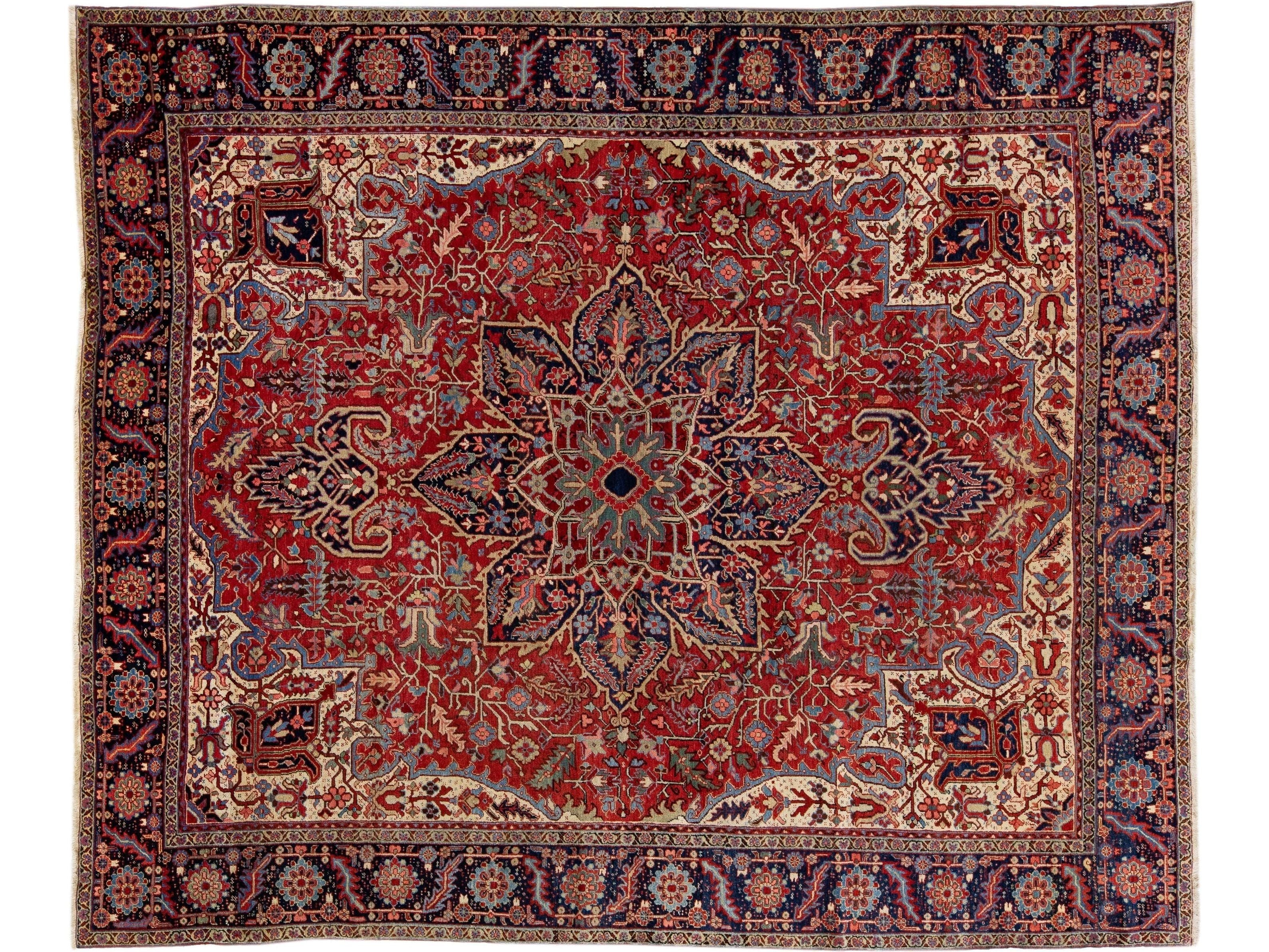 Antique Persian Heriz Red Handmade Wool Rug With Multicolor Medallion Motif