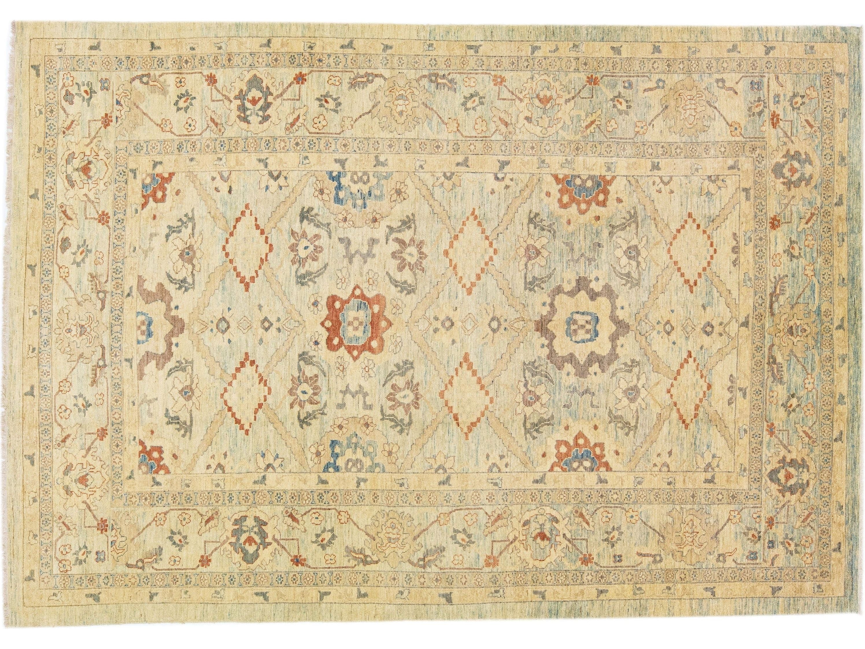 Modern Indian Handmade Beige Wool Rug with Geometric Motif