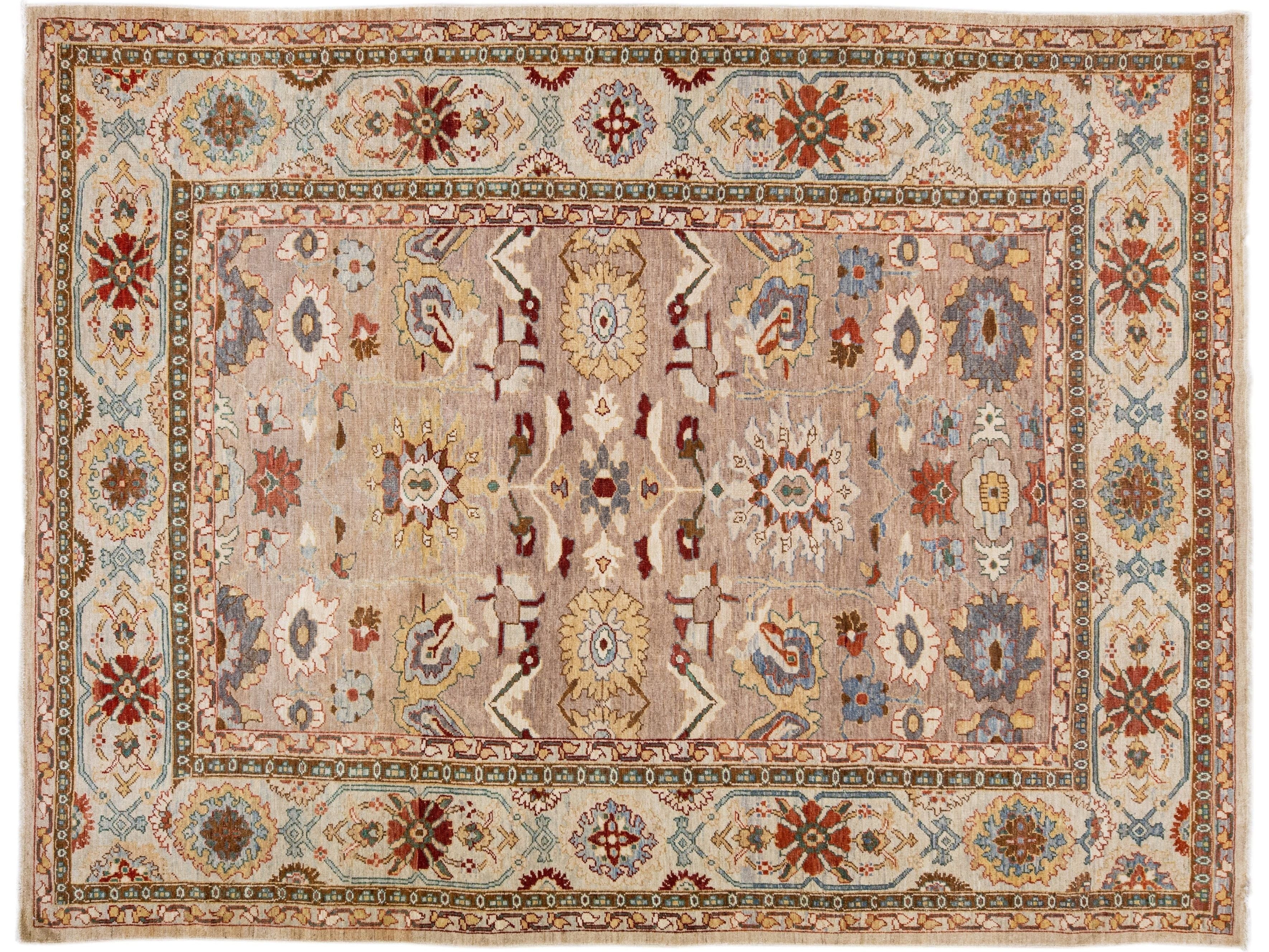 Brown Modern Sultanabad Handmade Wool Rug with Floral Design