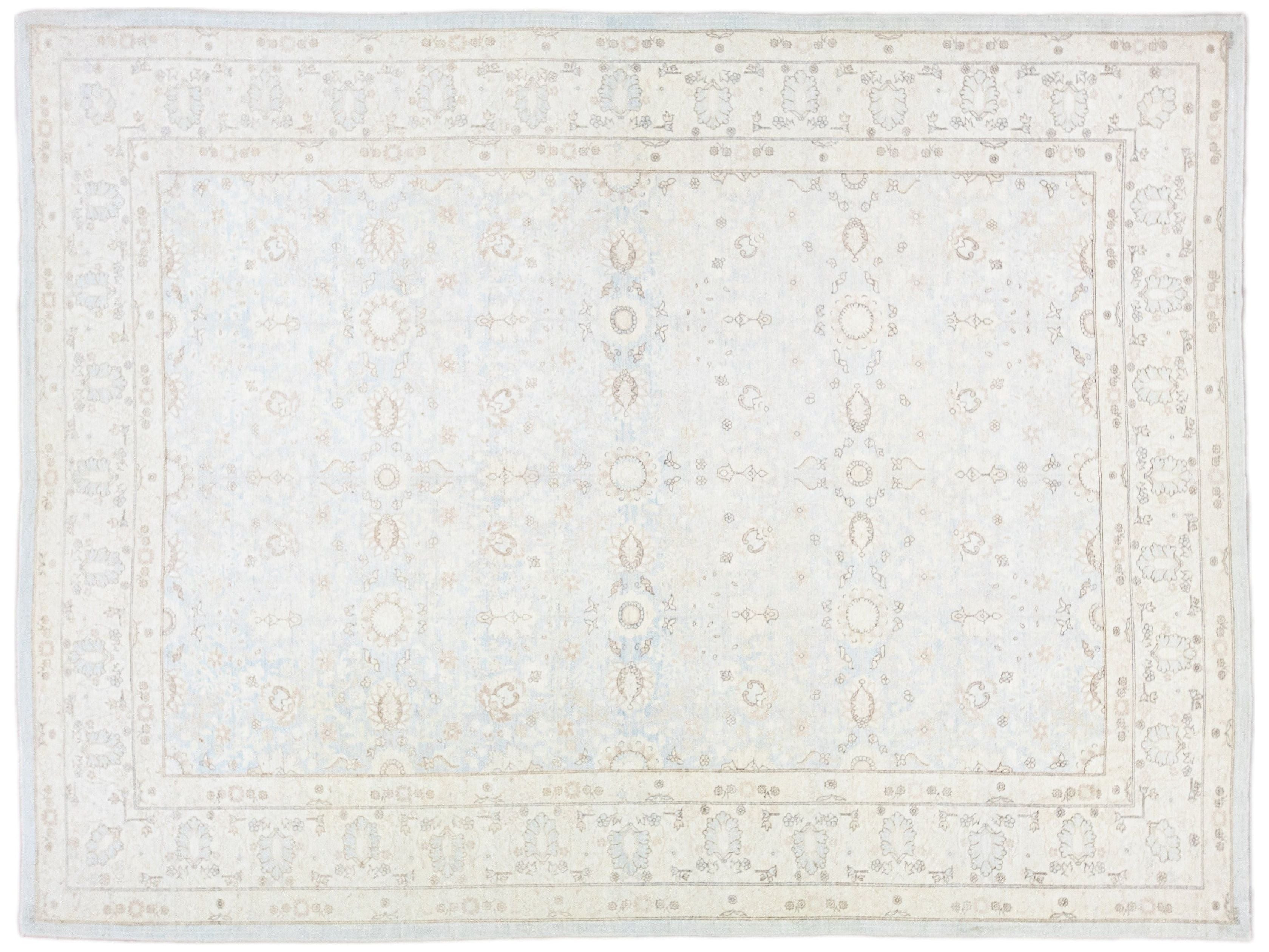 Light Blue Modern Persian Tabriz Style Handmade Floral Wool Rug