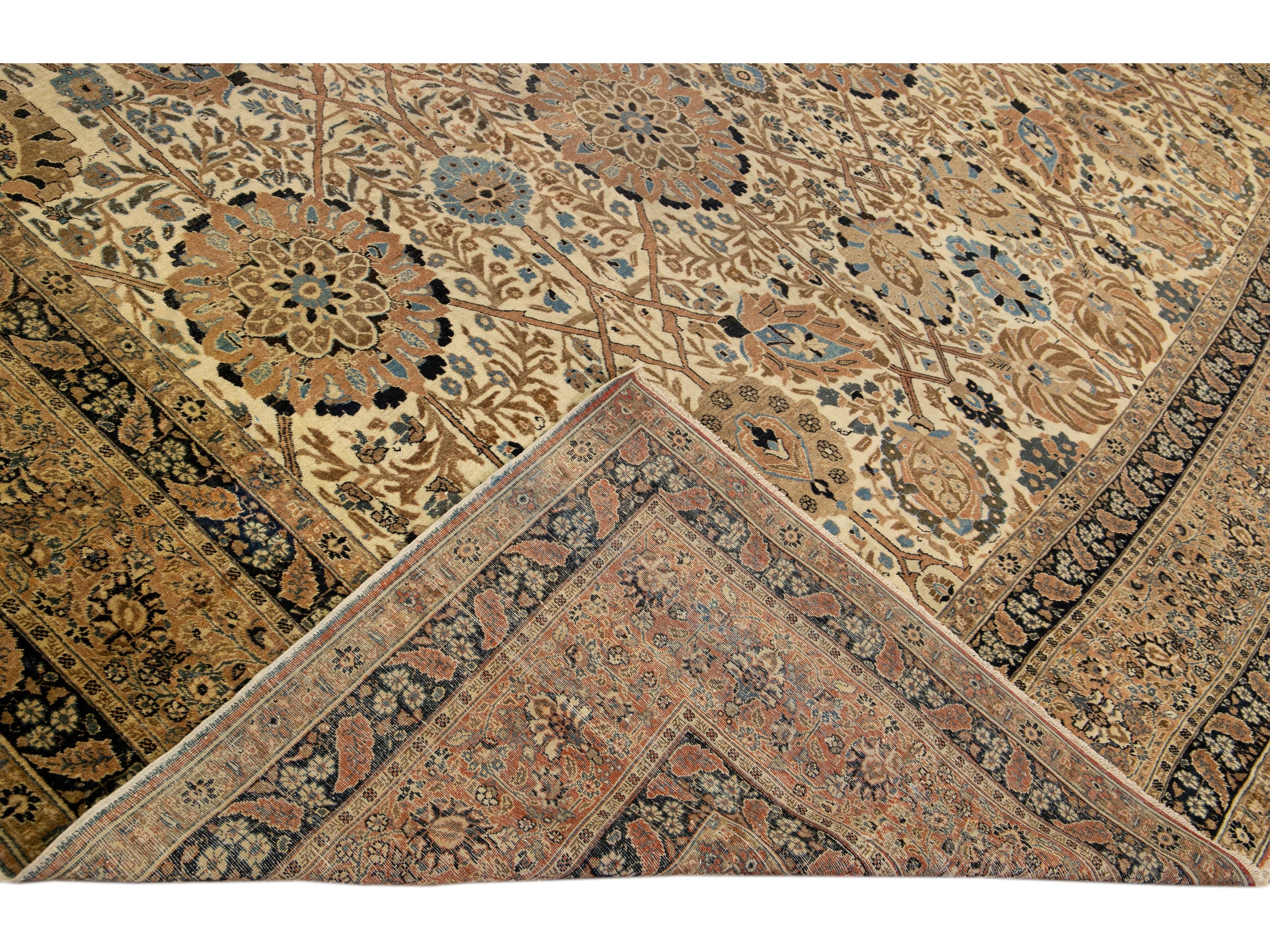 Antique Persian Tabriz Handmade Allover Motif Beige Oversize Wool Rug