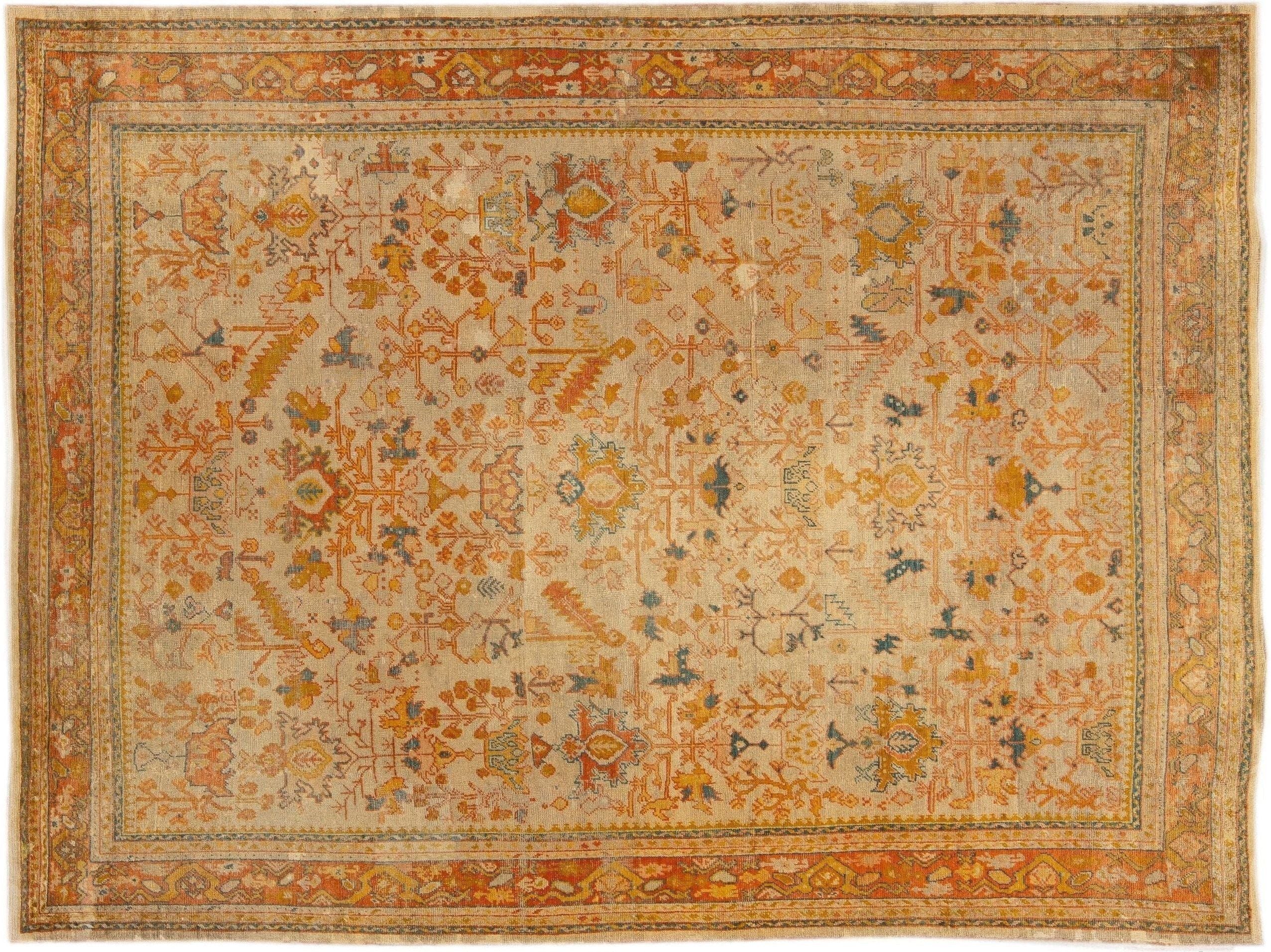 Antique Turkish Oushak Handmade Orange floral Motif Wool Rug