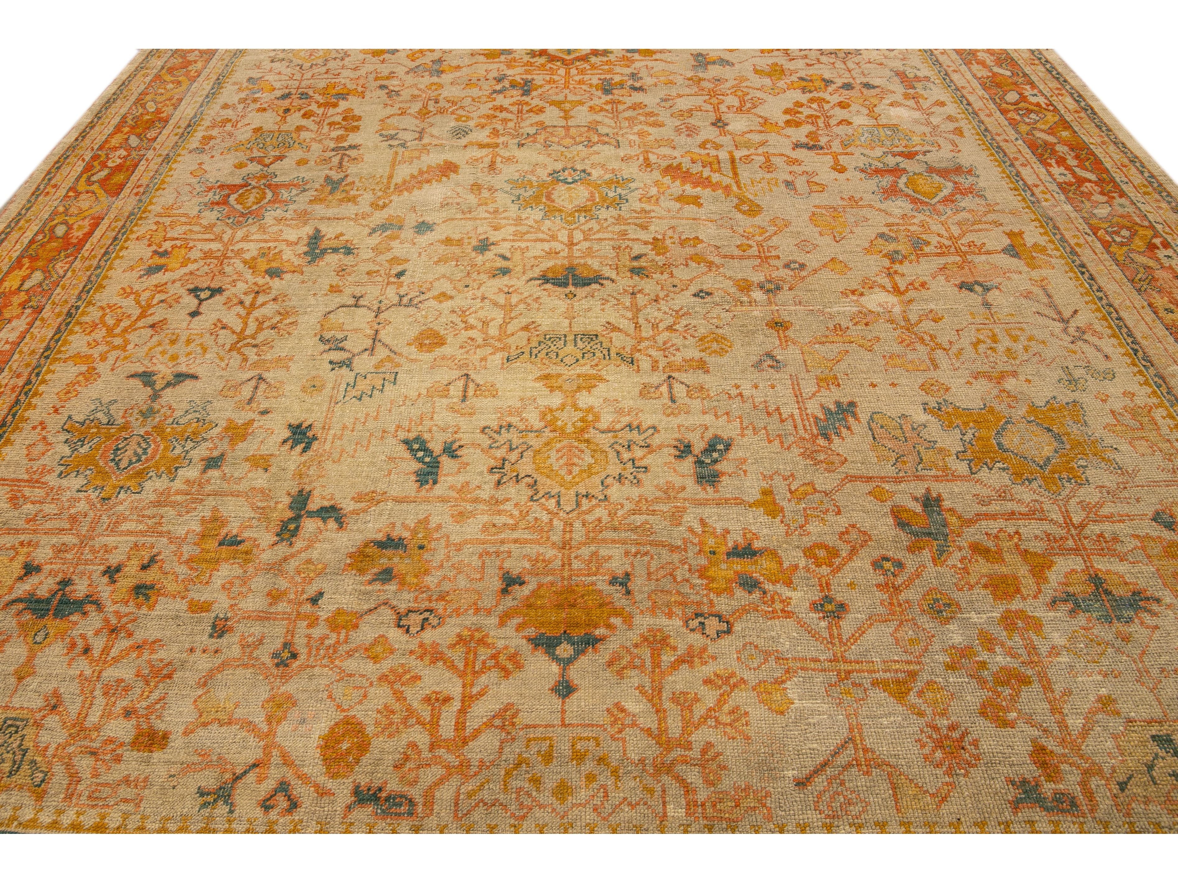 Antique Turkish Oushak Handmade Orange floral Motif Wool Rug