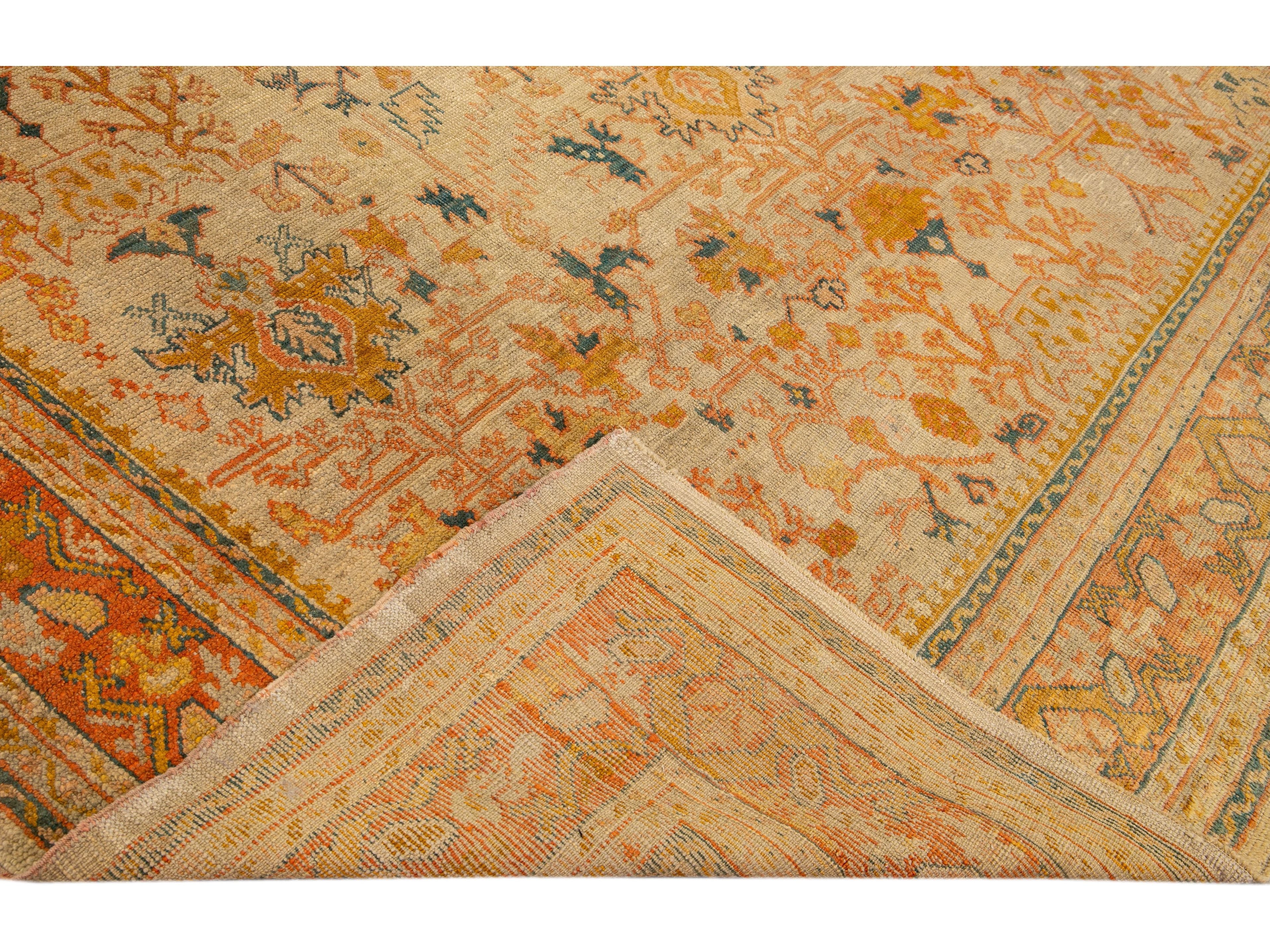 Antique Turkish Oushak Handmade Orange floral Motif Wool Rug
