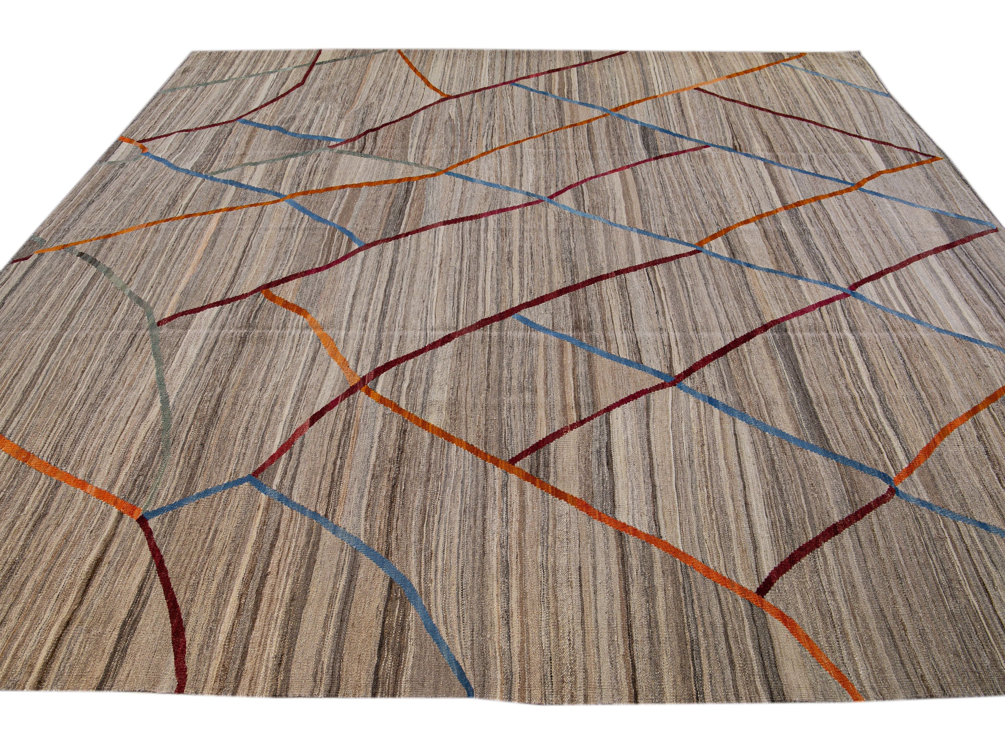 Contemporary Flat-Weave Kilim Tribal Motif Brown Square Wool Rug
