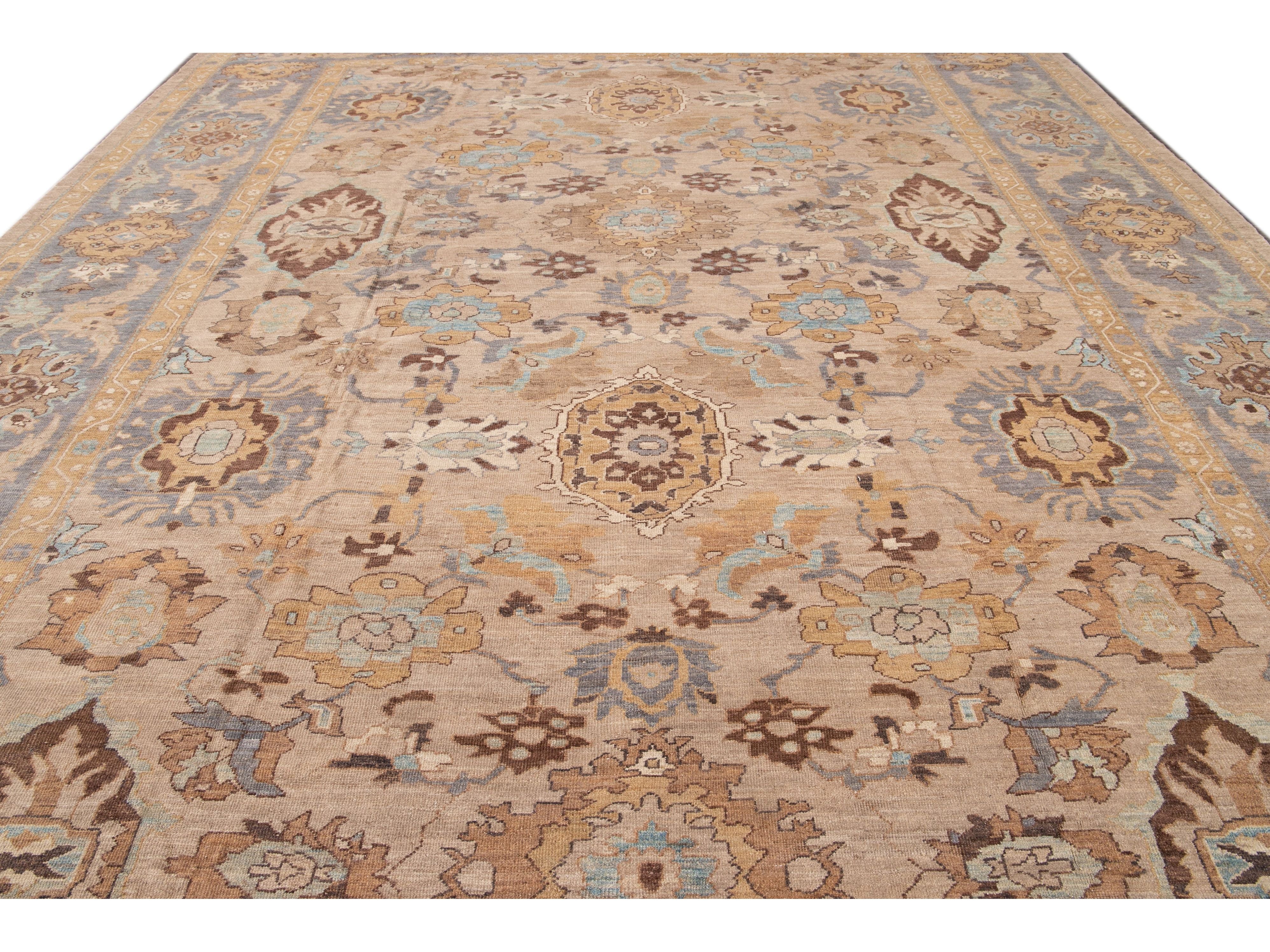Tan Modern Persian Sultanabad Handmade Floral Oversize Wool Rug