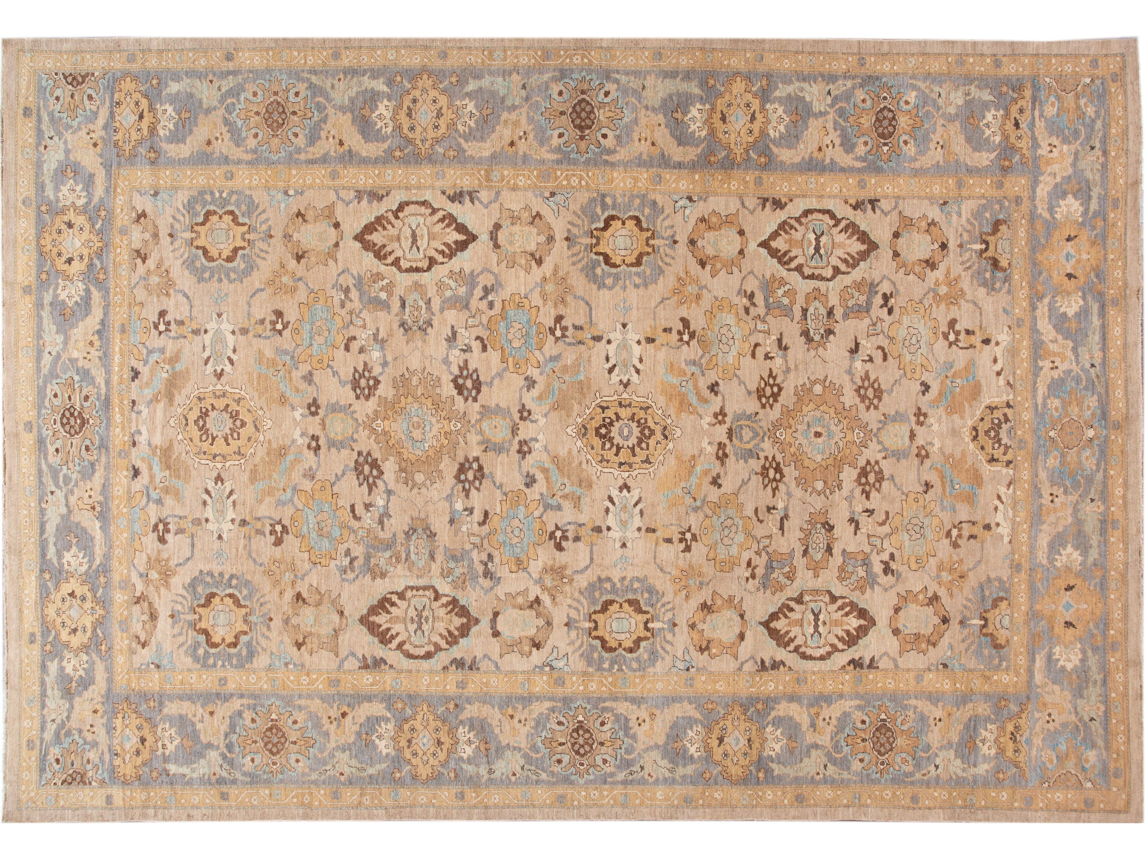 Tan Modern Persian Sultanabad Handmade Floral Oversize Wool Rug