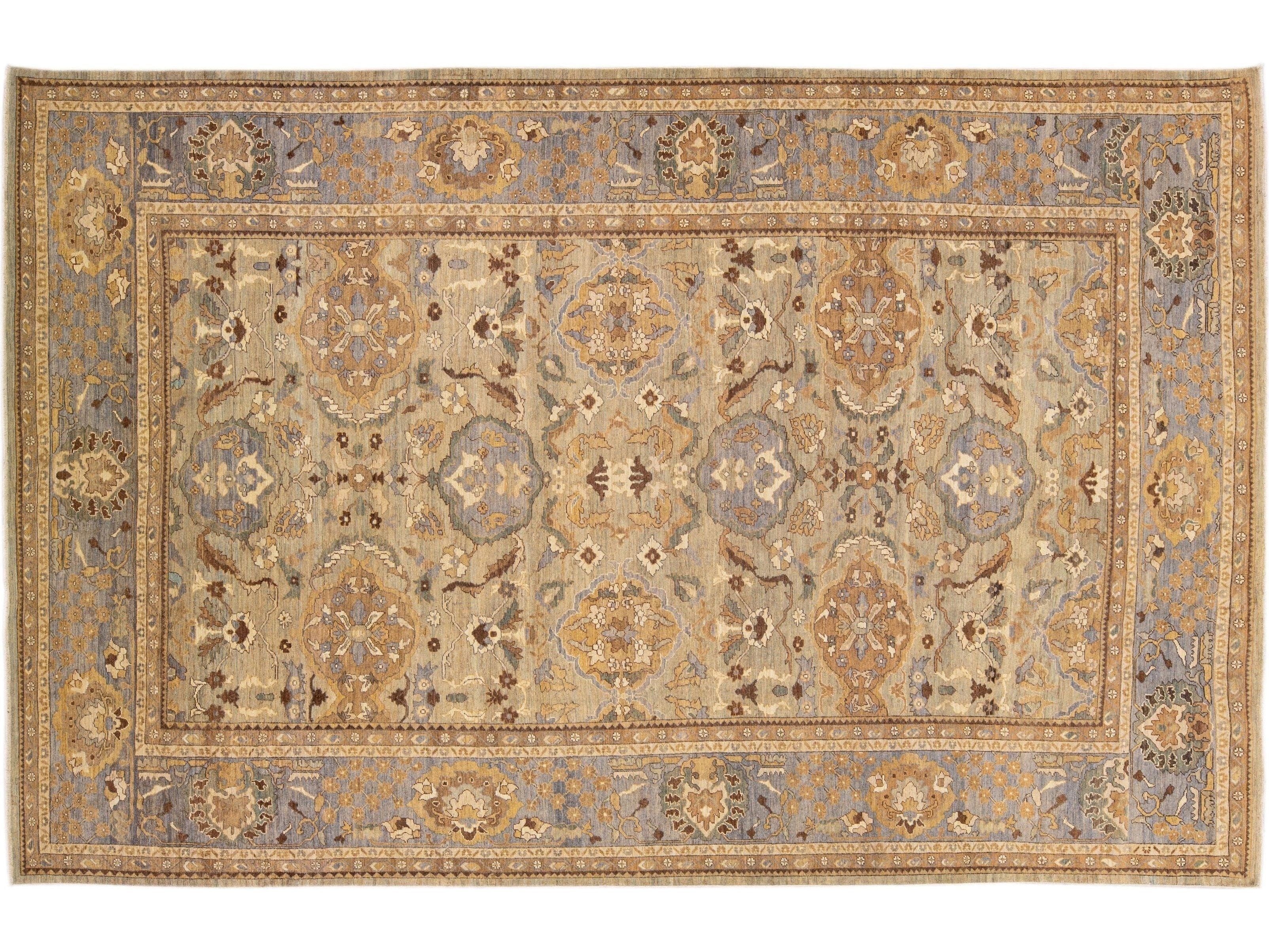 Modern Beige Handmade Sultanabad Floral Pattern Oversize Wool Rug
