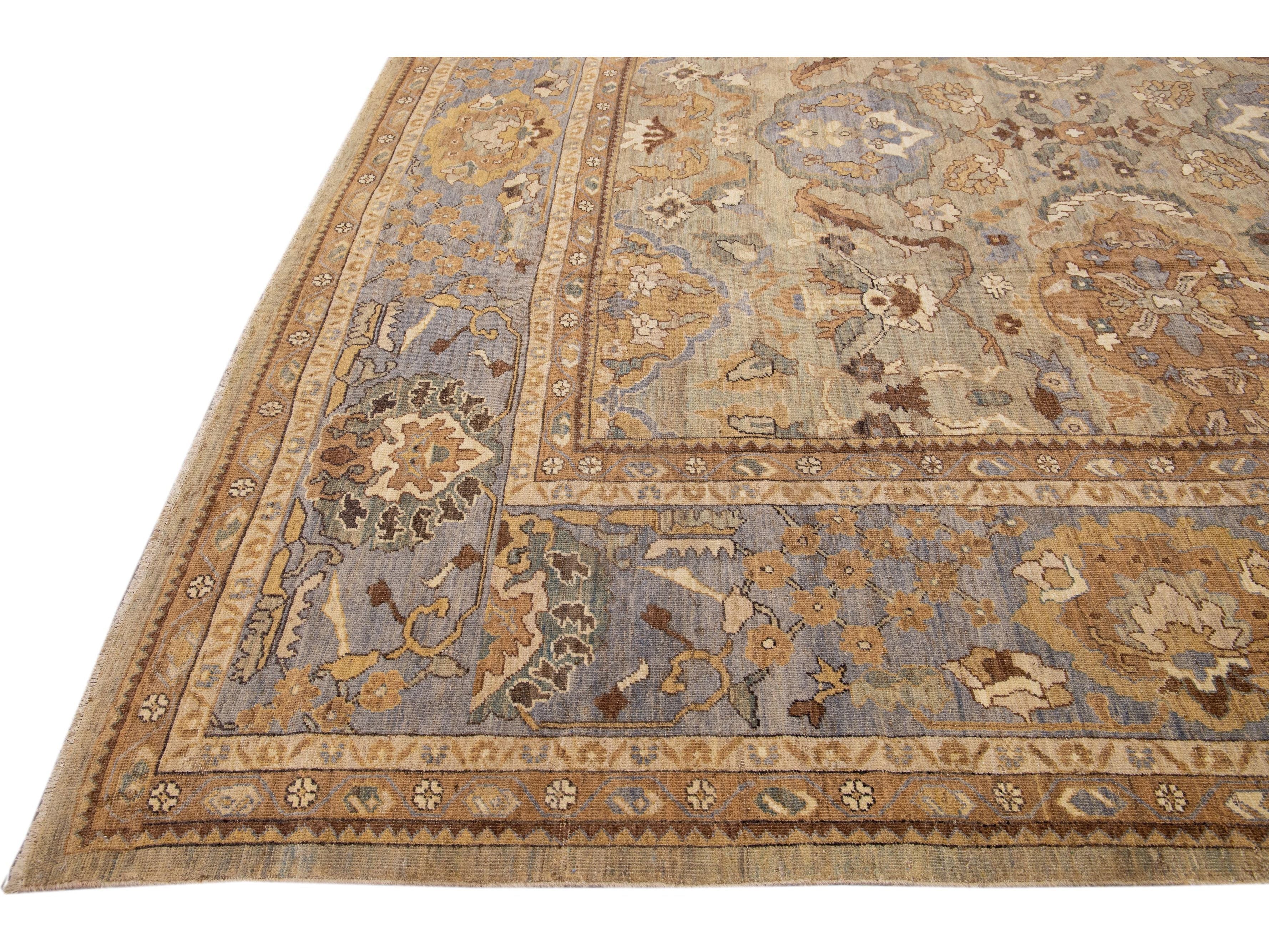 Modern Beige Handmade Sultanabad Floral Pattern Oversize Wool Rug