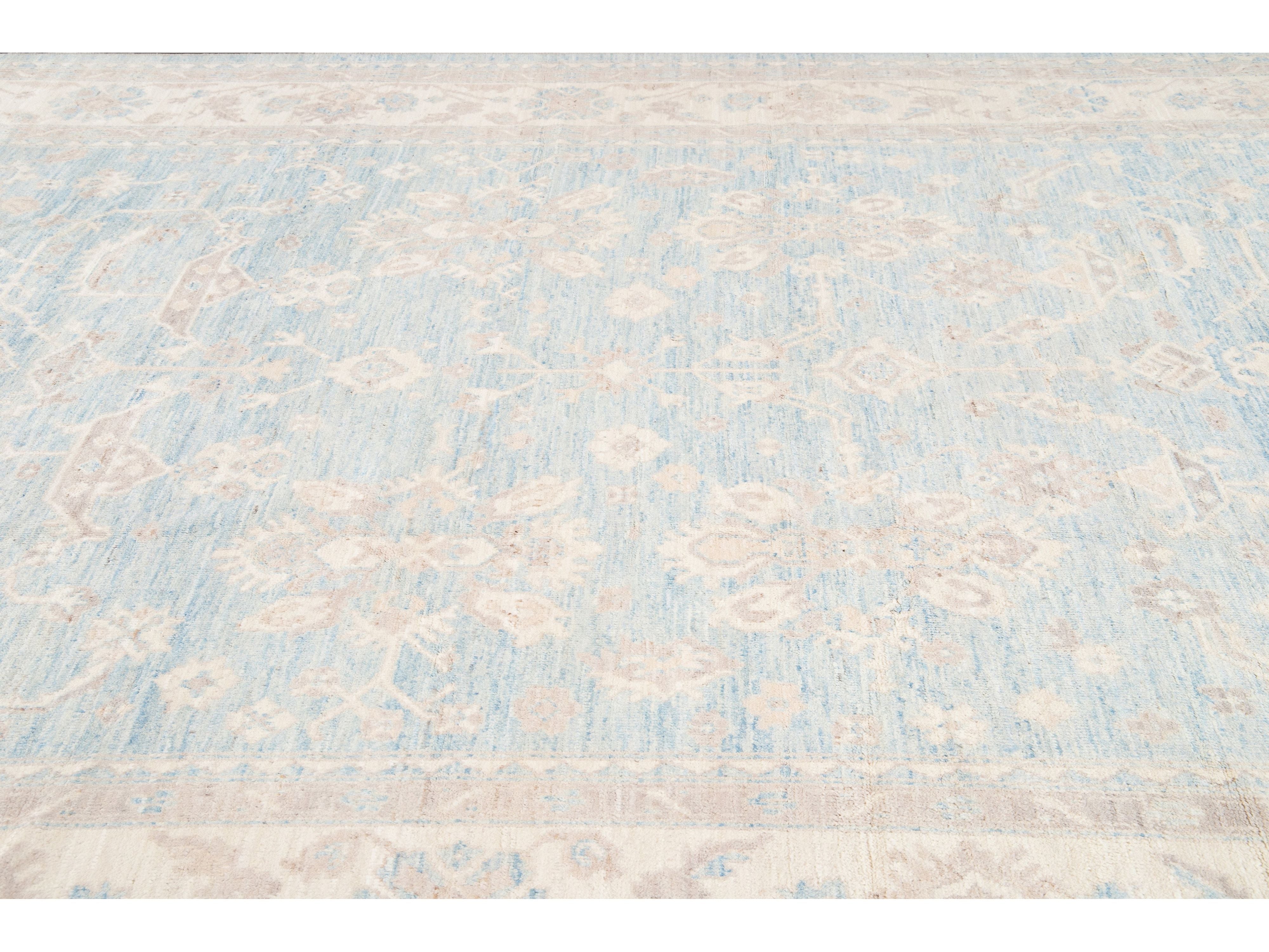 Modern Turkish Oushak Handmade Blue and Beige Wool Rug