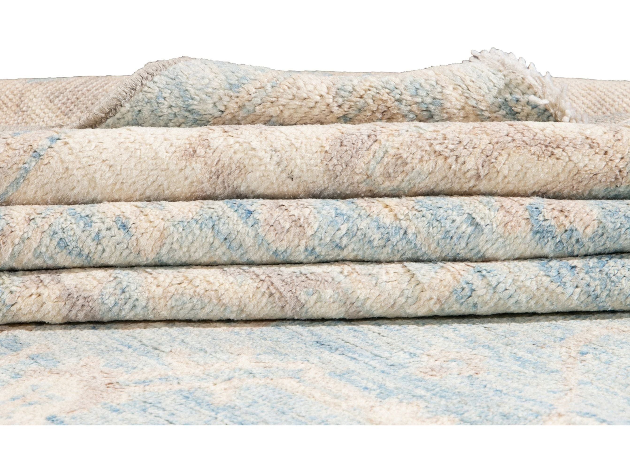 Modern Turkish Oushak Handmade Blue and Beige Wool Rug