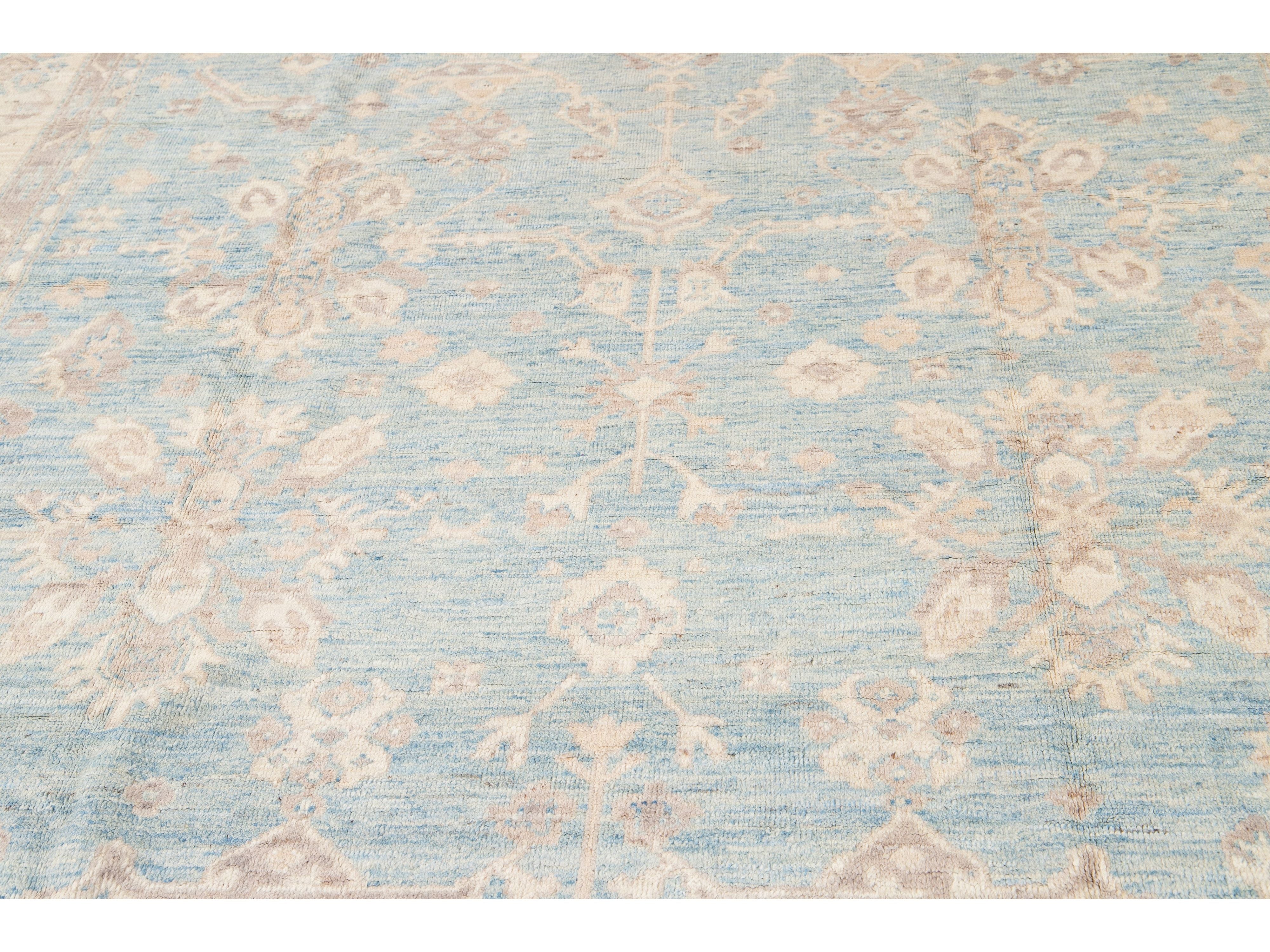 Modern Turkish Oushak Handmade Blue and Beige Wool Rug