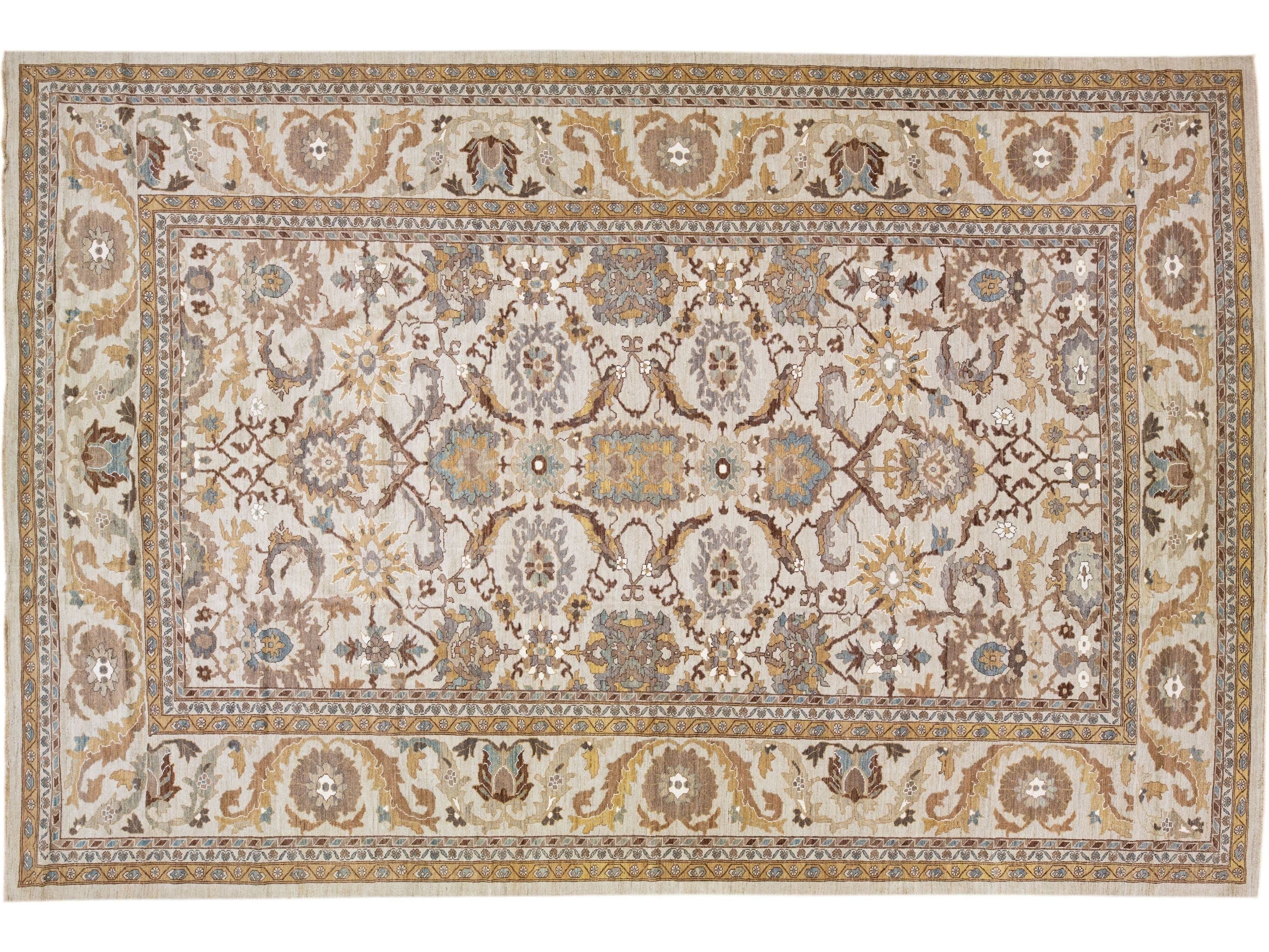  Modern Persian Sultanabad Handmade Beige Wool Rug with Allover Design