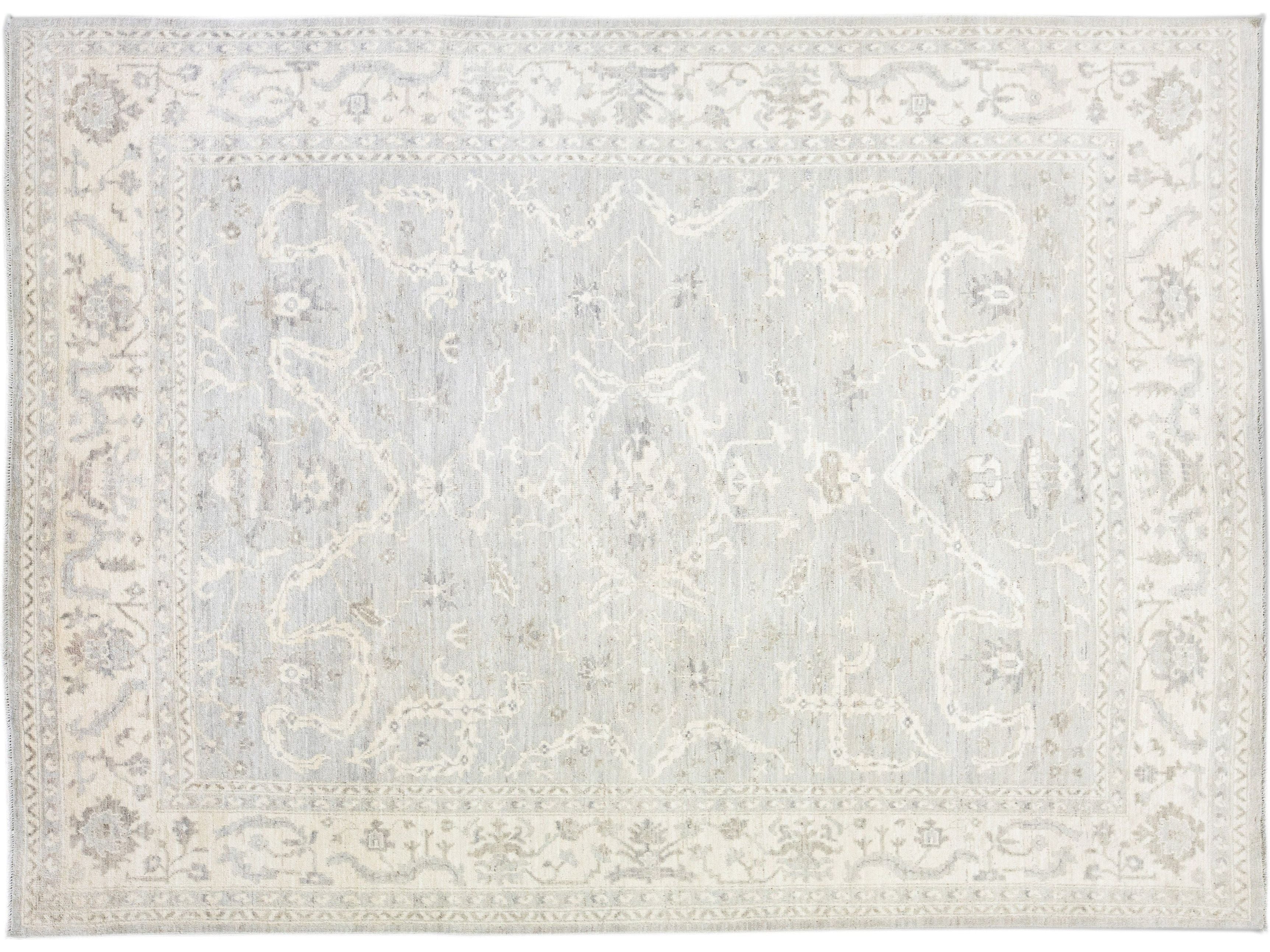 Modern Turkish Oushak Gray Handmade Floral Wool Rug
