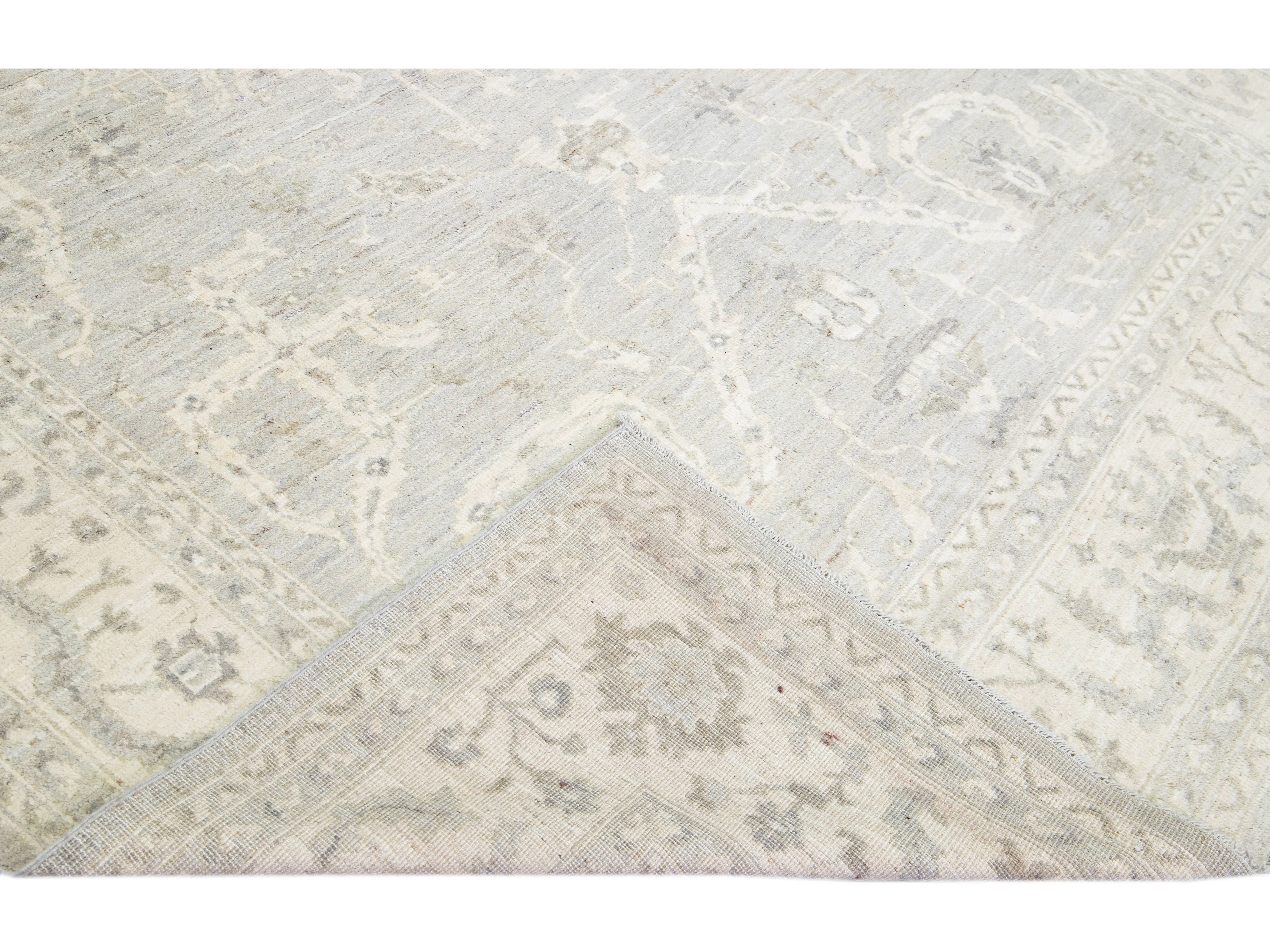 Modern Turkish Oushak Gray Handmade Floral Wool Rug