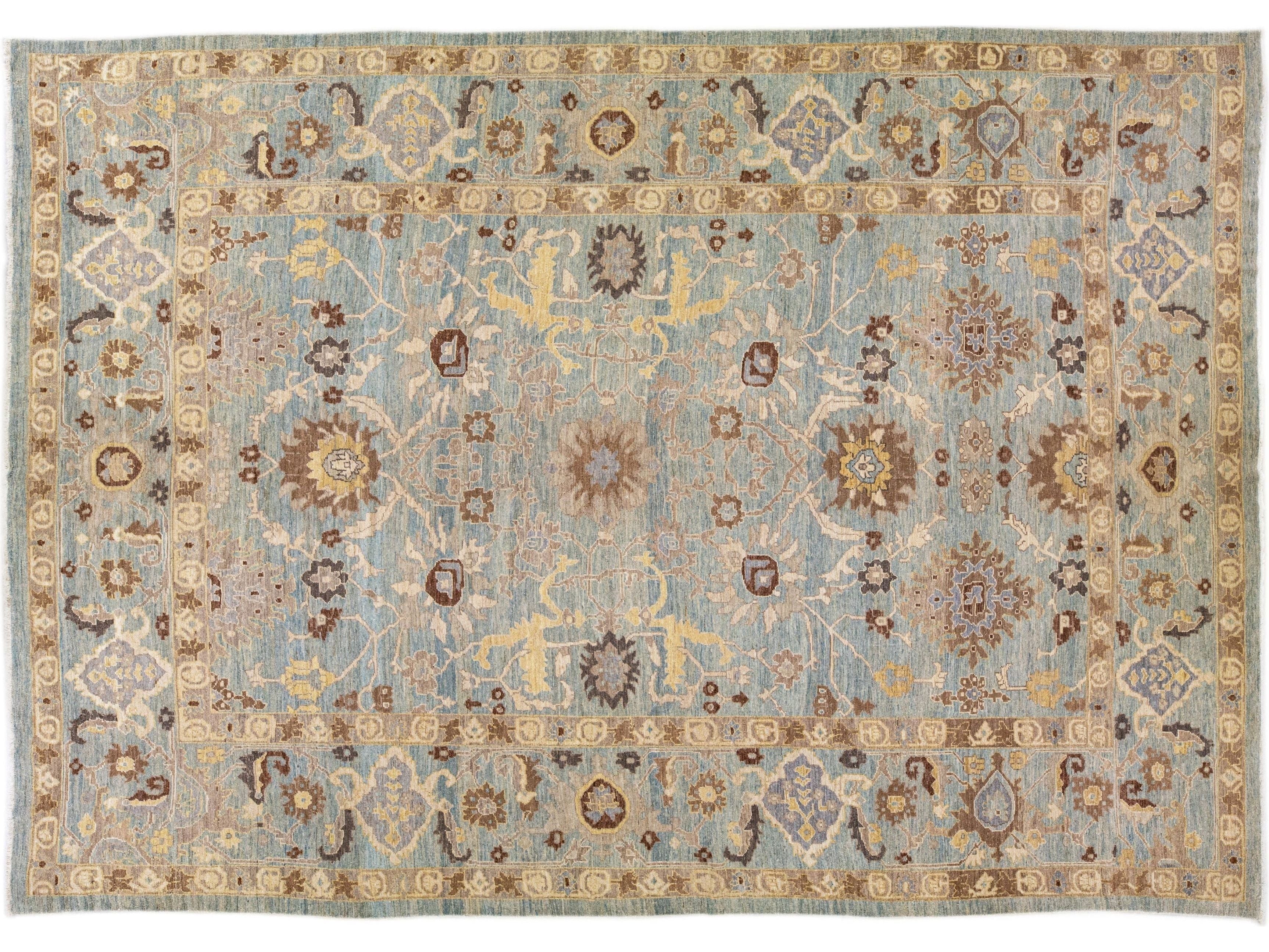 Modern Oversize Sultanabad Handmade Floral Blue Wool Rug