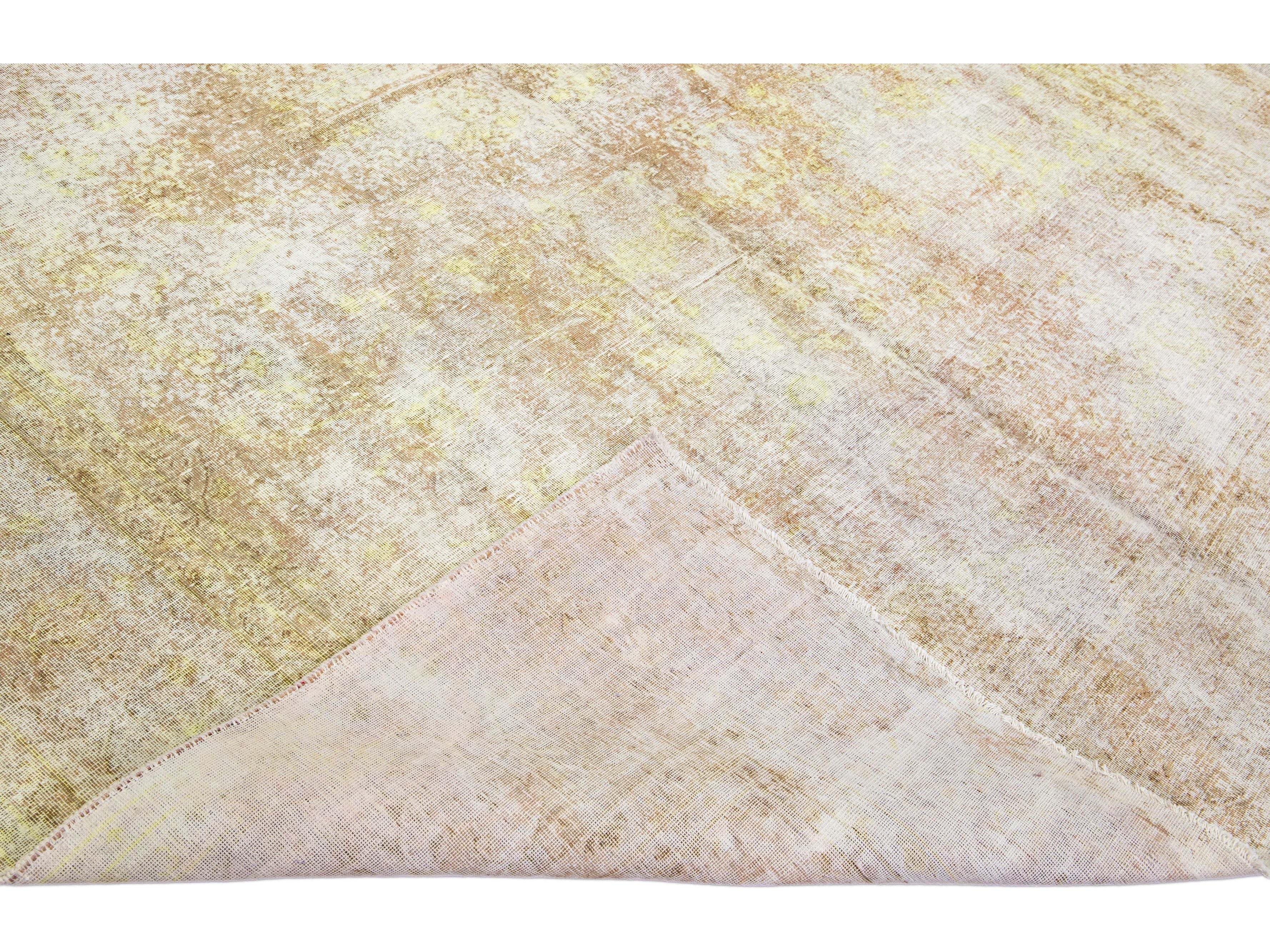 Yellow Vintage Overdyed Handmade Allover Designed Wool Rug