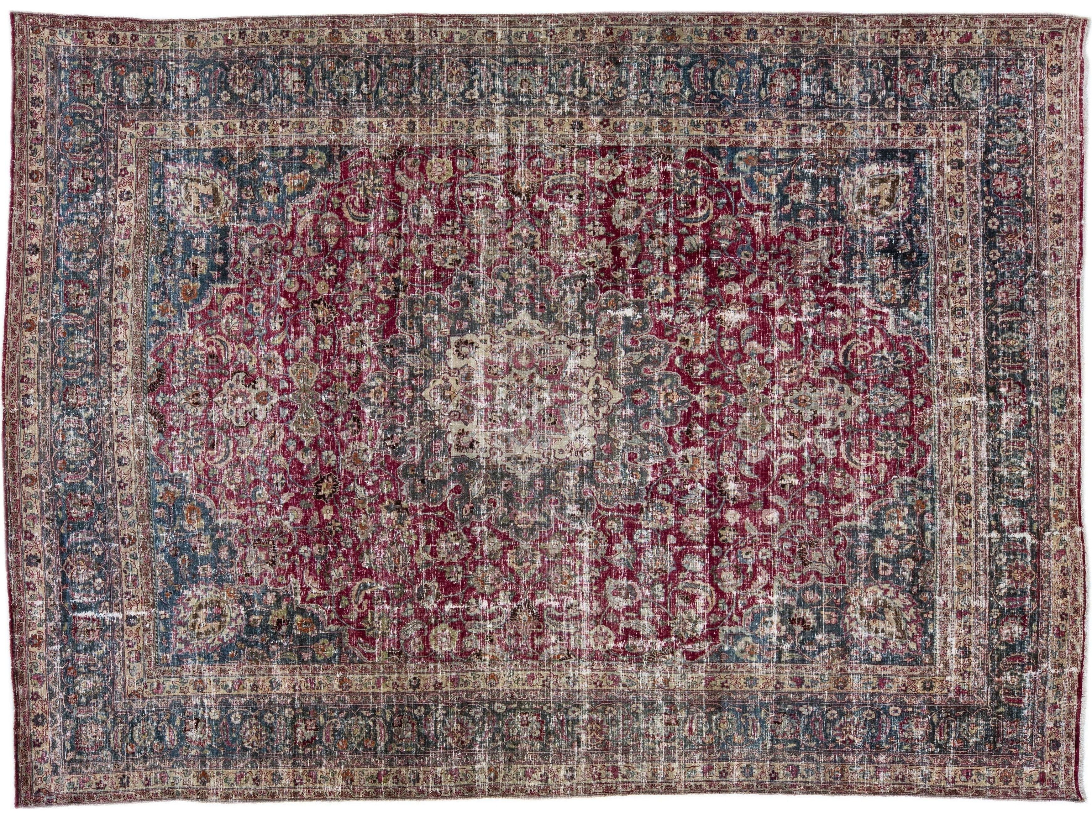 Red Antique Handmade Mashad Persian Wool Rug with Rosette Motif