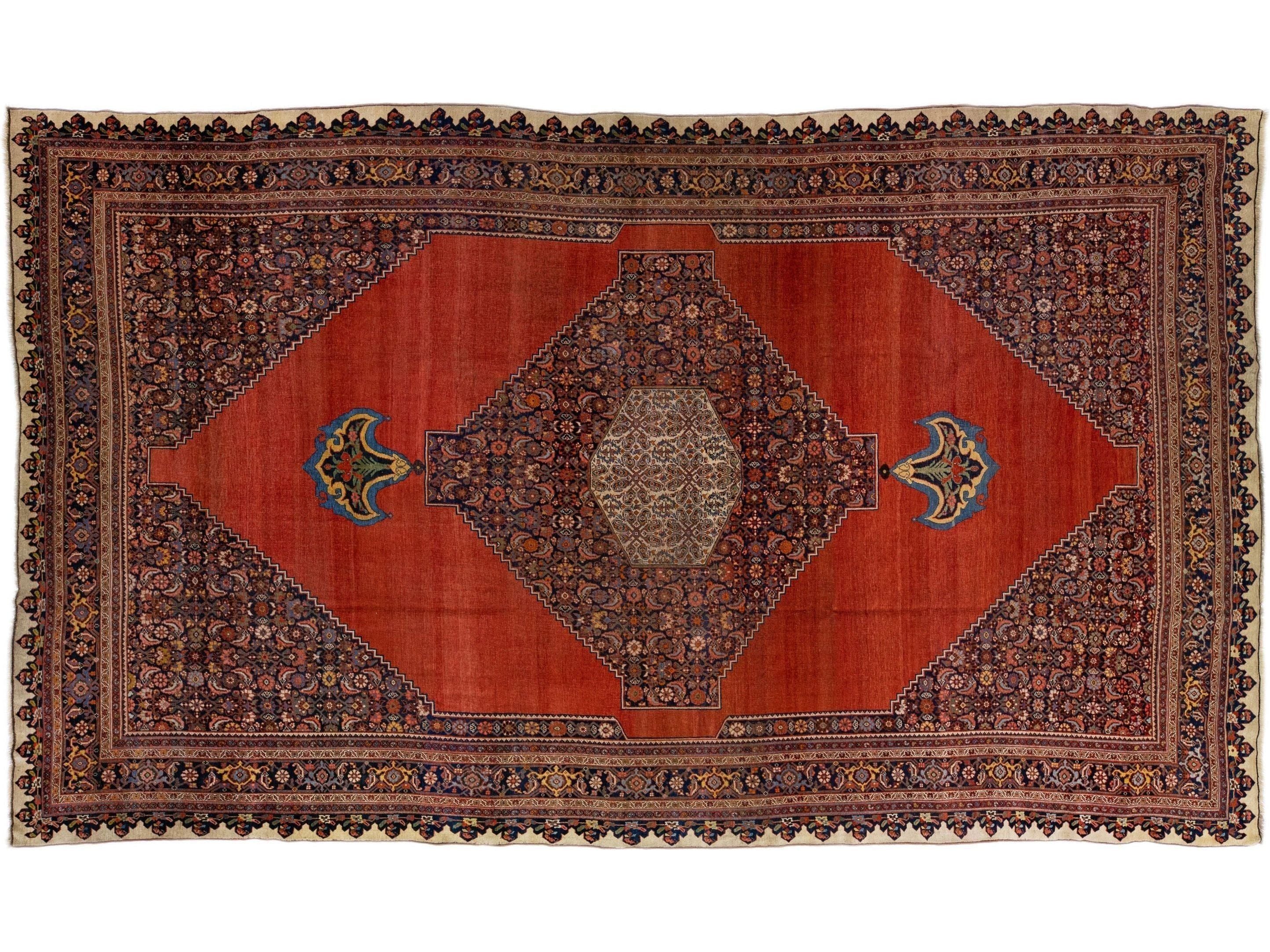 Antique Bidjar Handmade Persian Red Wool Rug with Medallion Motif