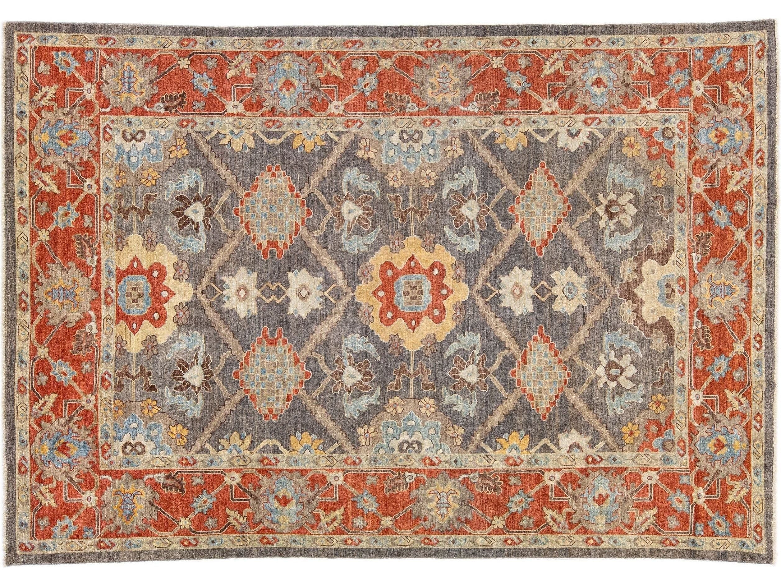Modern Sultanabad Handmade Gray & Rust Wool Rug With Allover Motif