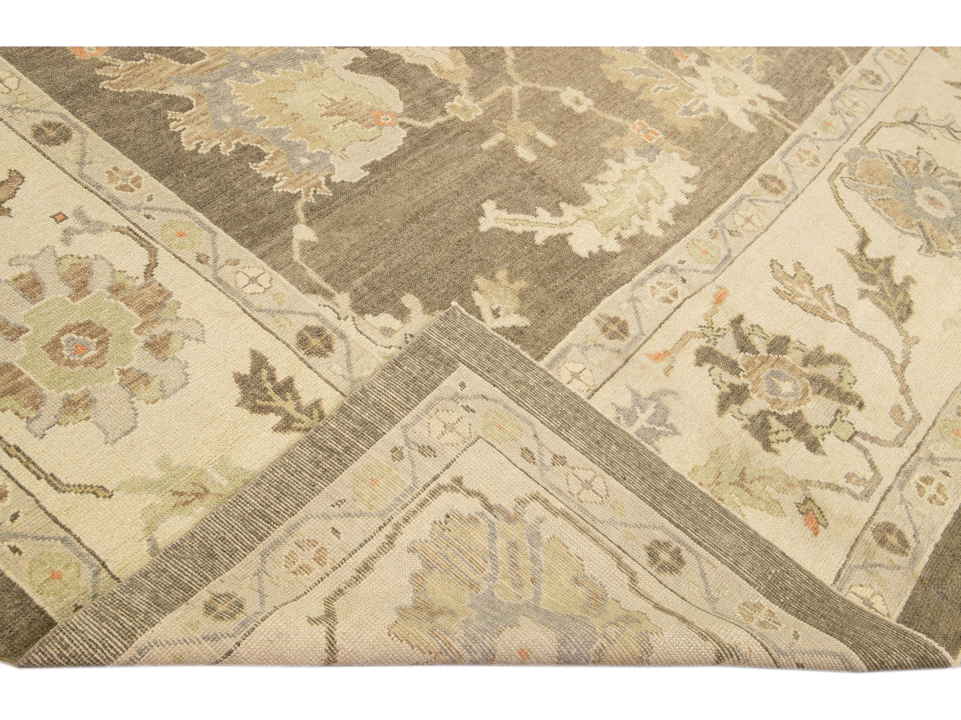 Modern Turkish Oushak Handmade Floral Brown Wool Rug