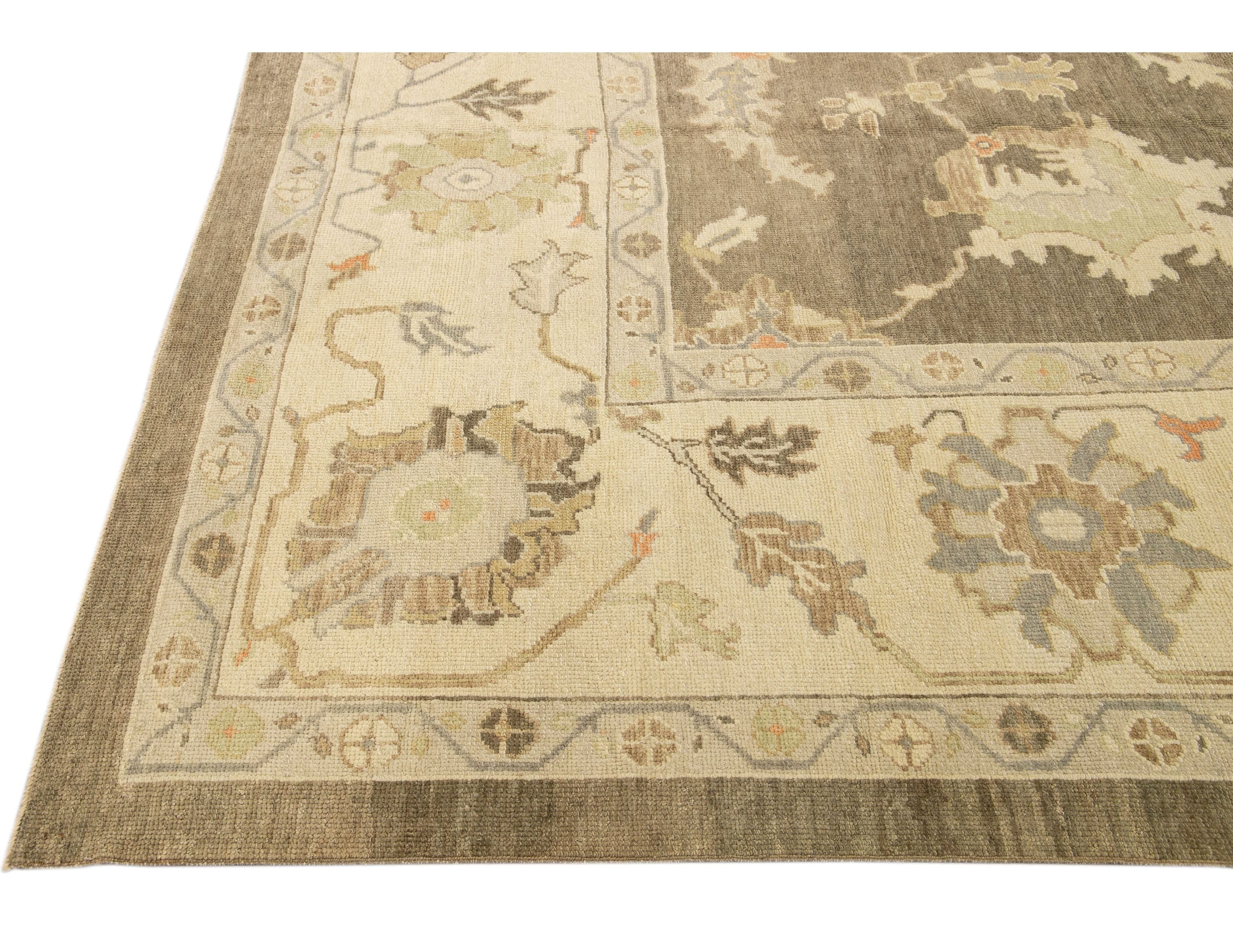 Modern Turkish Oushak Handmade Floral Brown Wool Rug