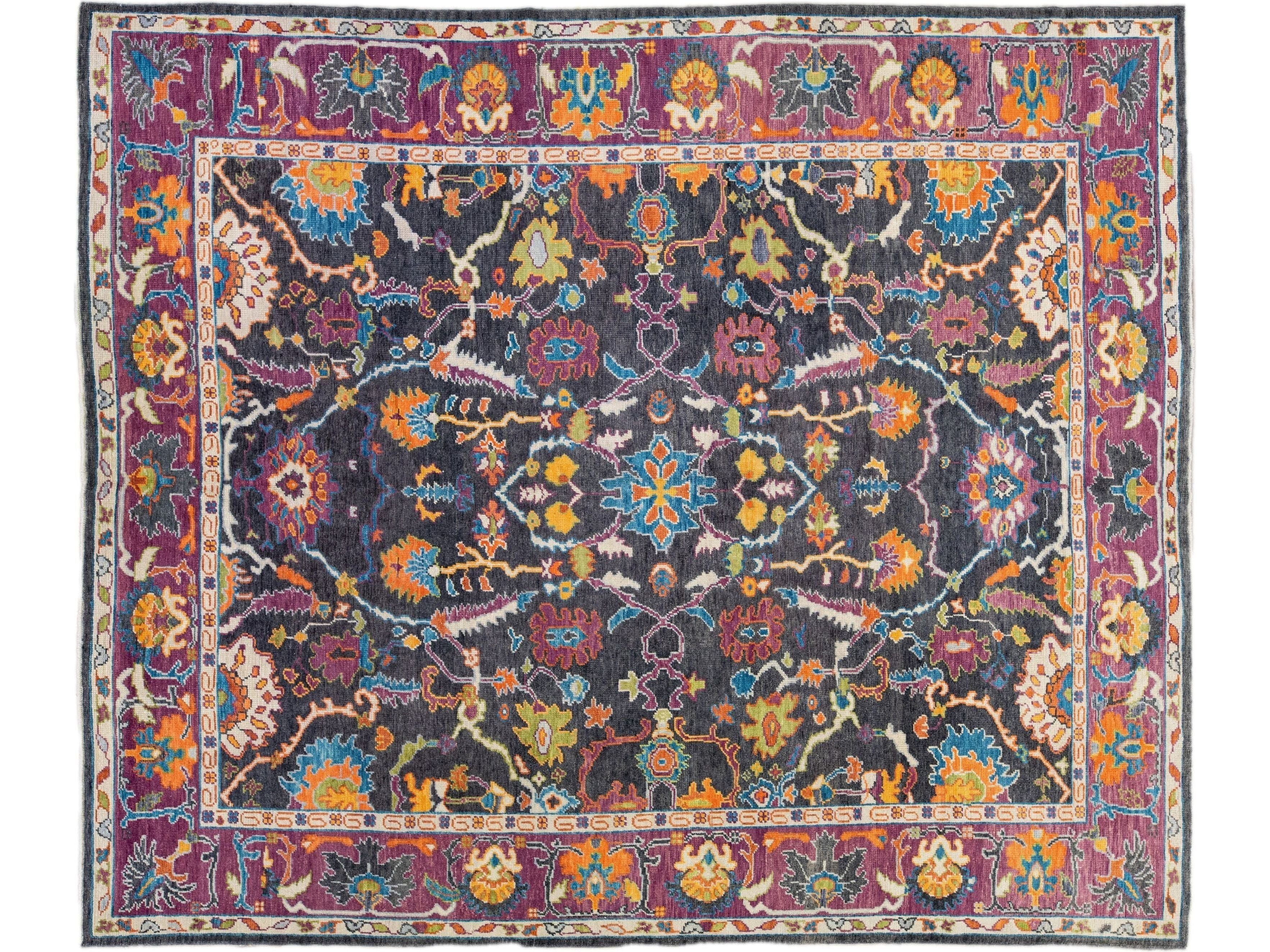 Modern Oushak Handmade Allover Floral Grey and Purple Wool Rug
