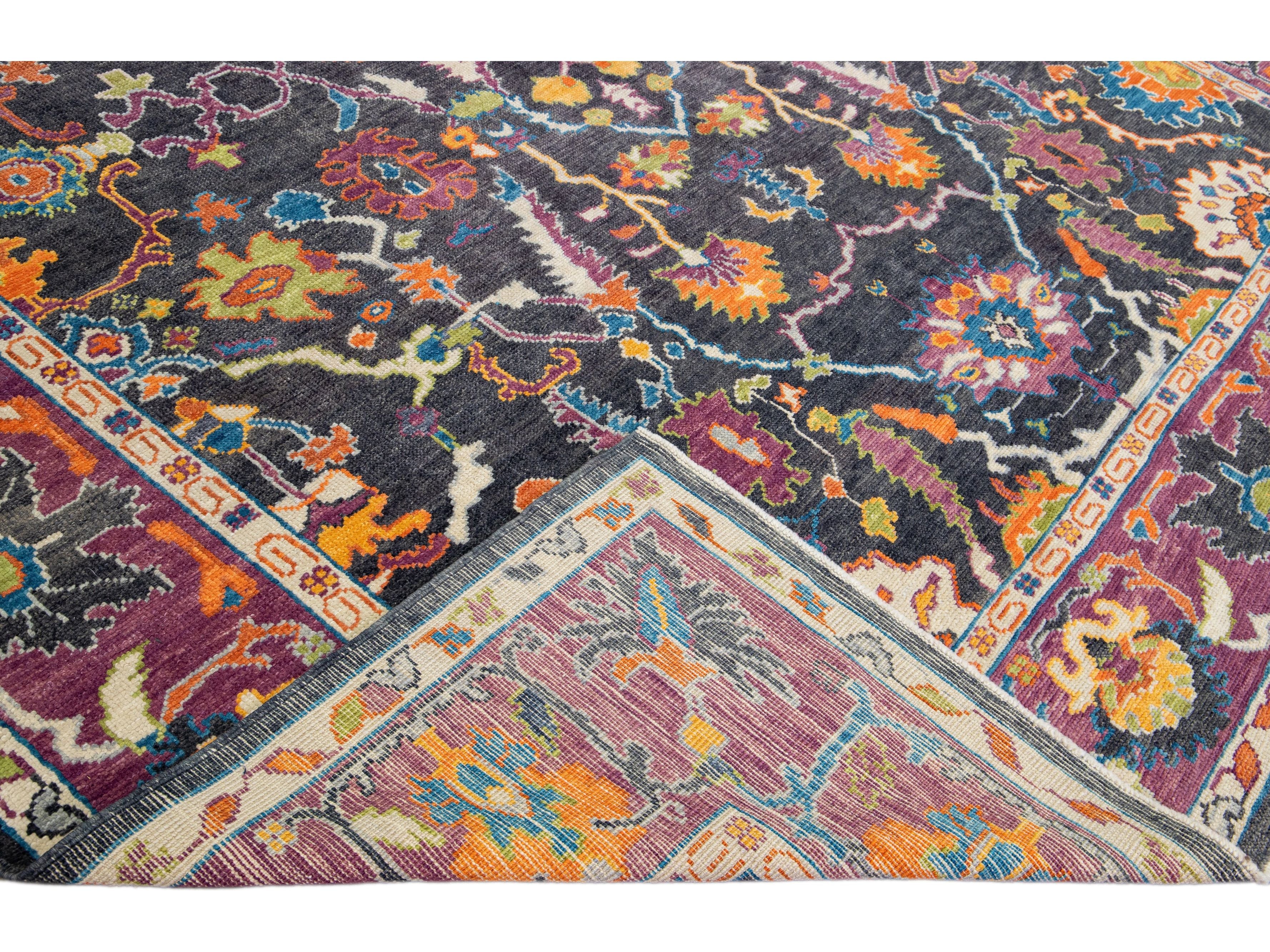 Modern Oushak Handmade Allover Floral Grey and Purple Wool Rug