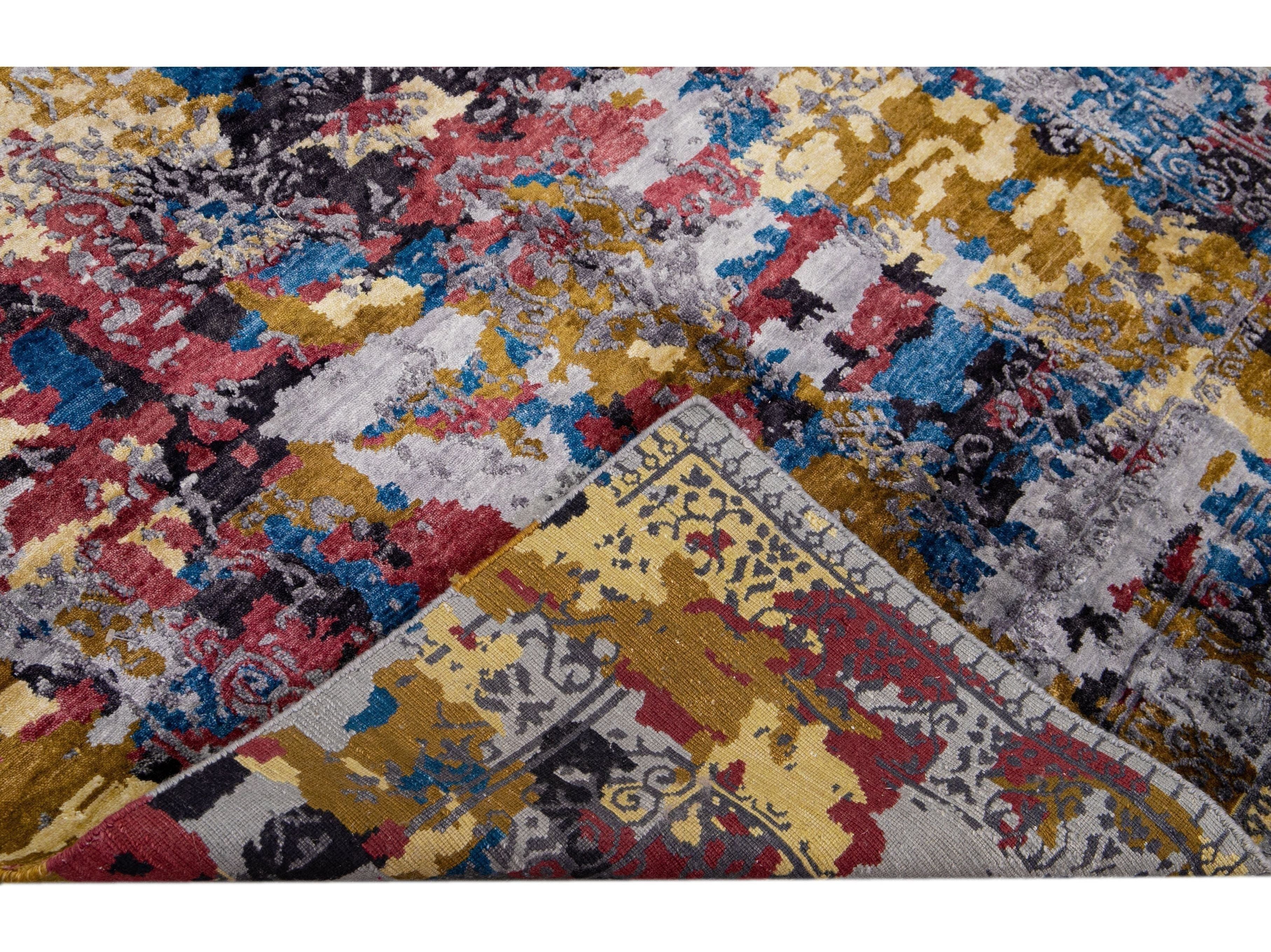Modern Abstract Indian Handmade Multicolor Wool and Silk Rug