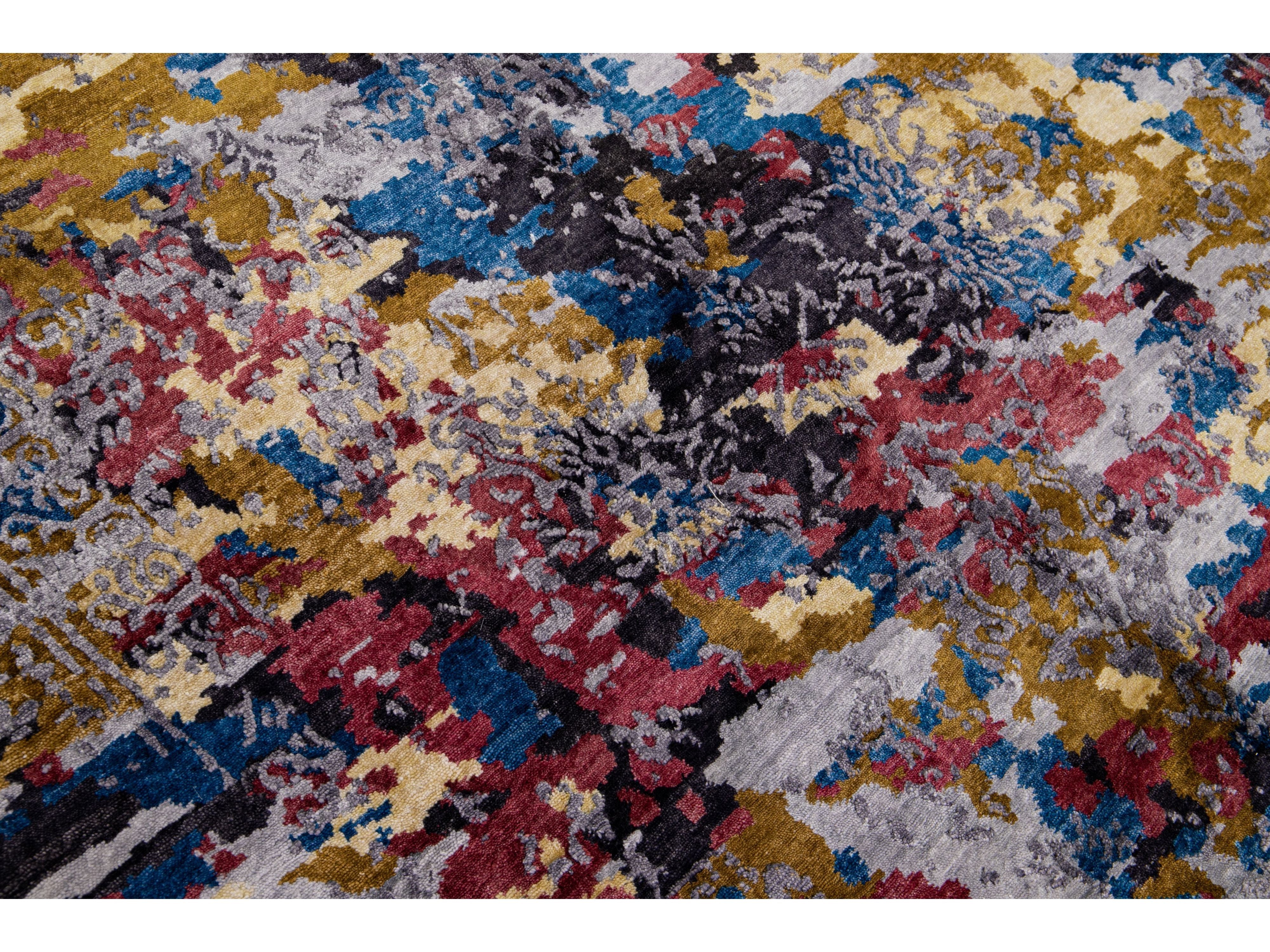Modern Abstract Indian Handmade Multicolor Wool and Silk Rug
