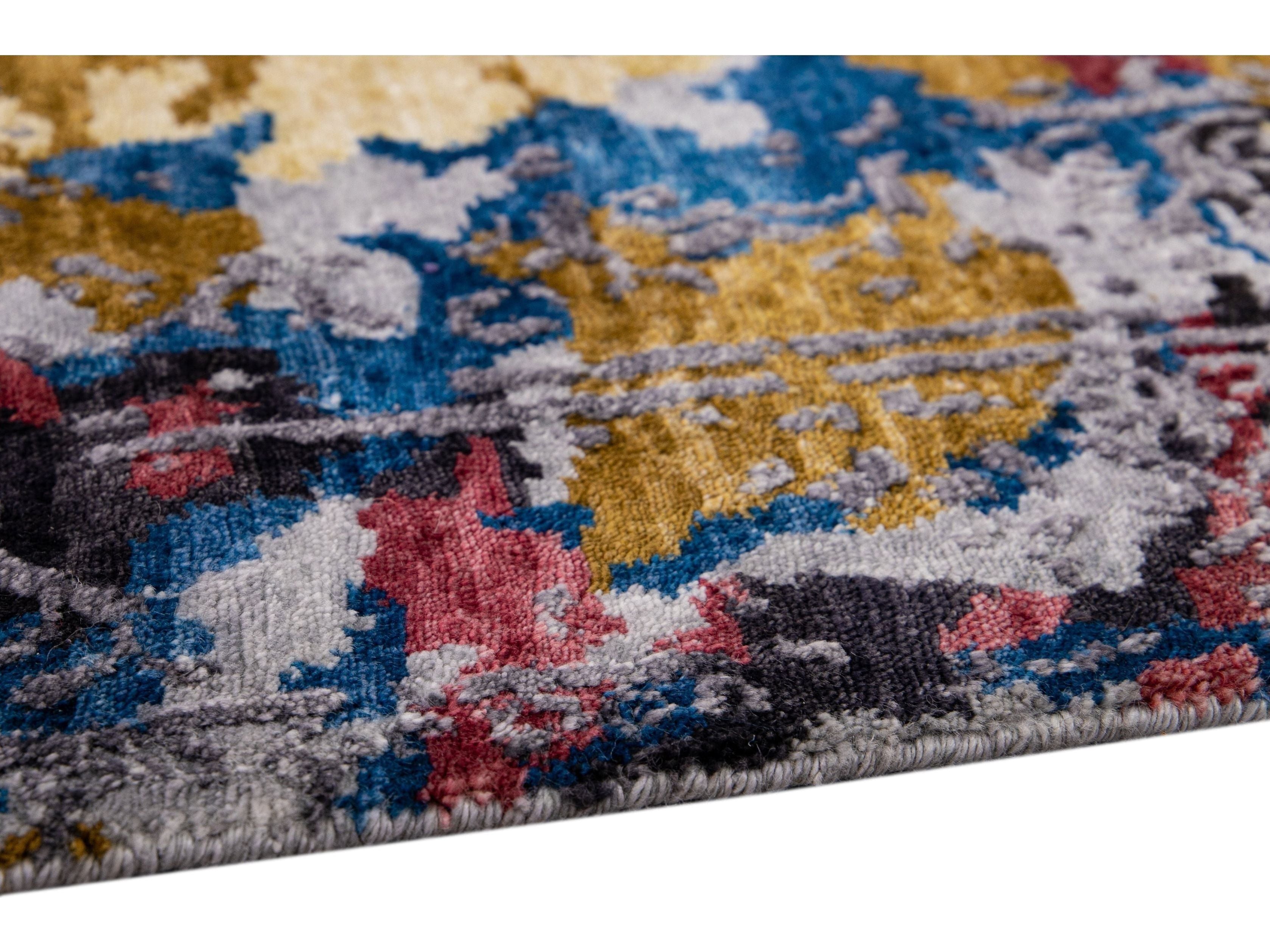 Modern Abstract Indian Handmade Multicolor Wool and Silk Rug