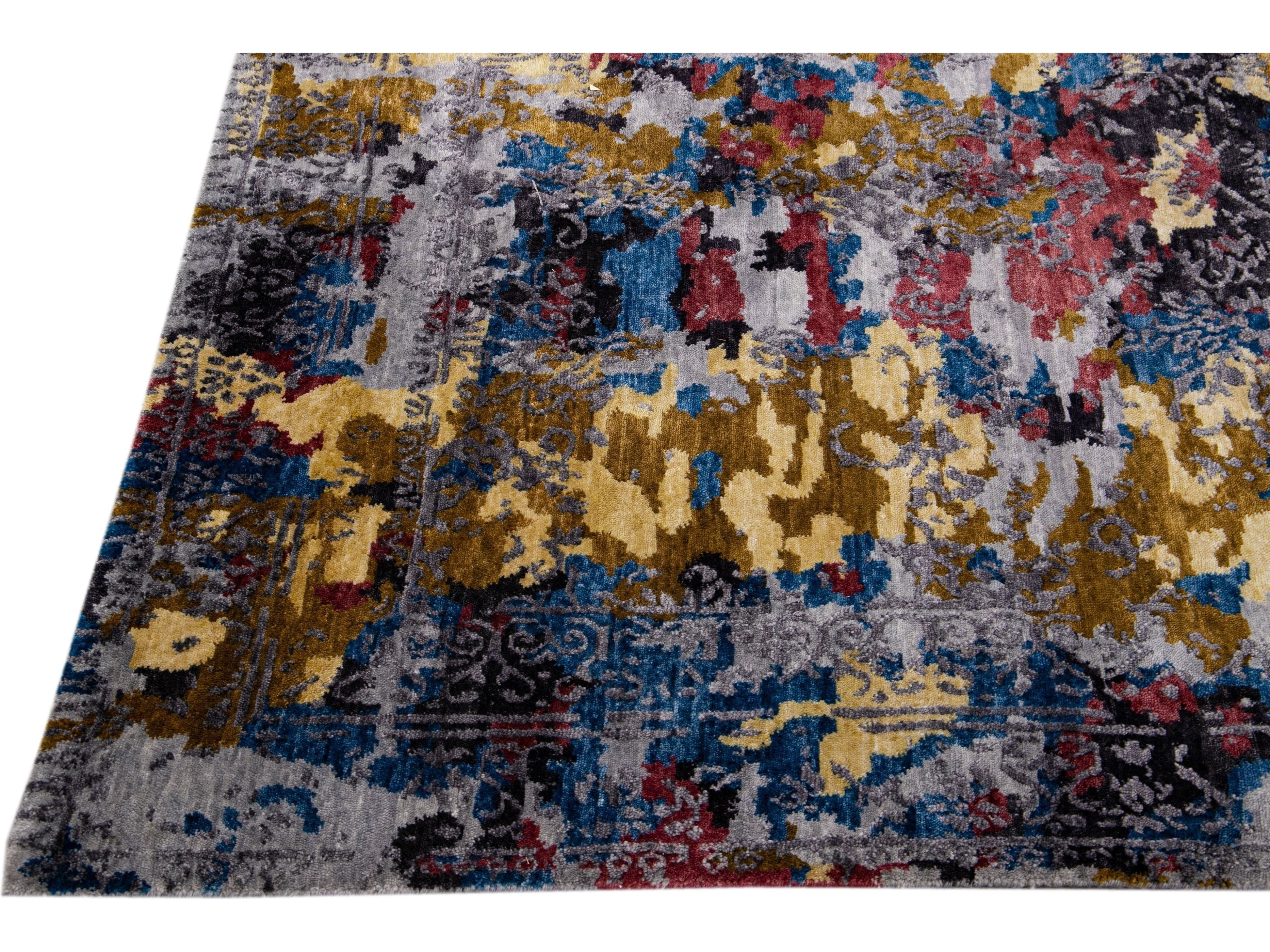 Modern Abstract Indian Handmade Multicolor Wool and Silk Rug
